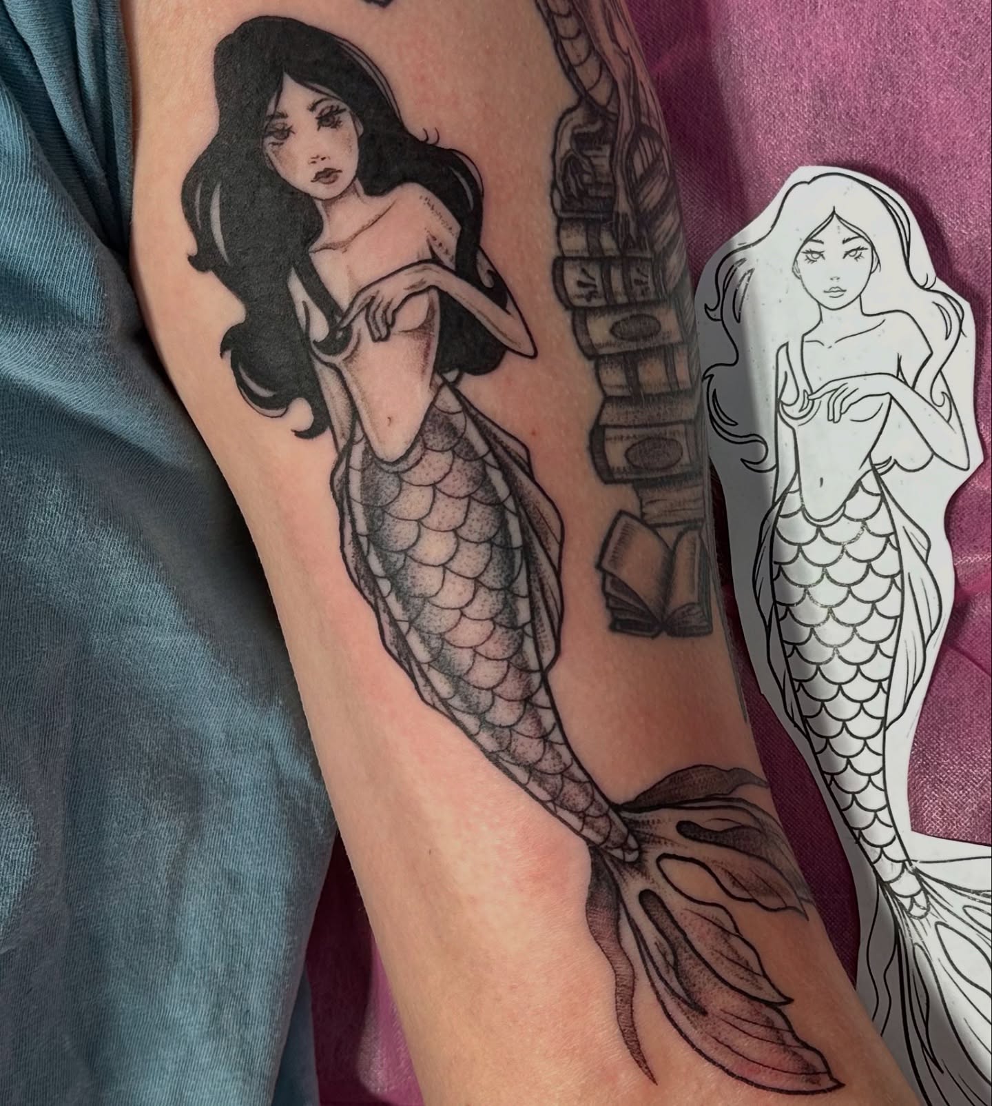 Mermaid black and grey tattoo on the forearm by Emily K Lingg