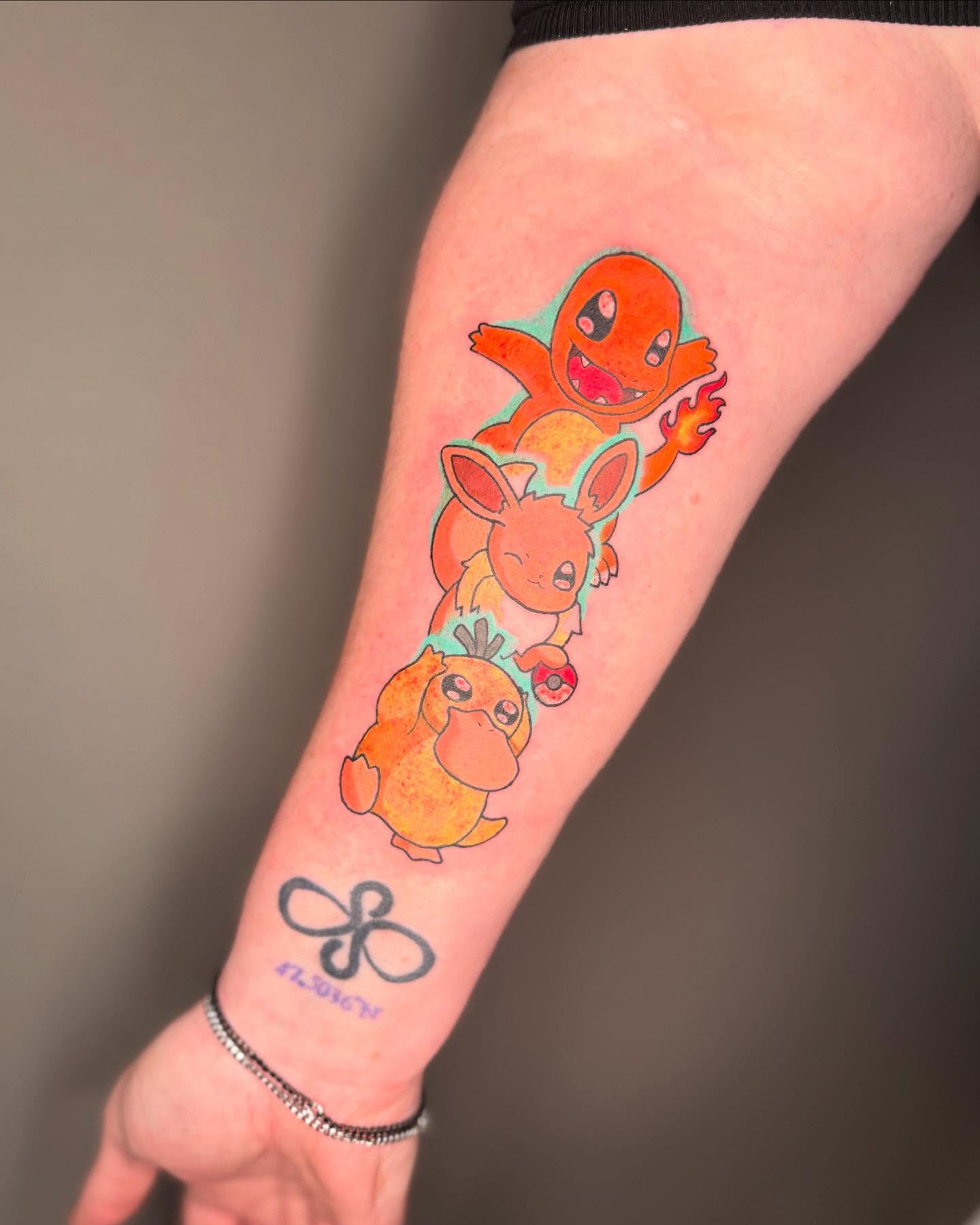 Charmander evolution line dotwork tattoo on the forearm by Sophie ✨ Nashville Tattoo Artist ✨