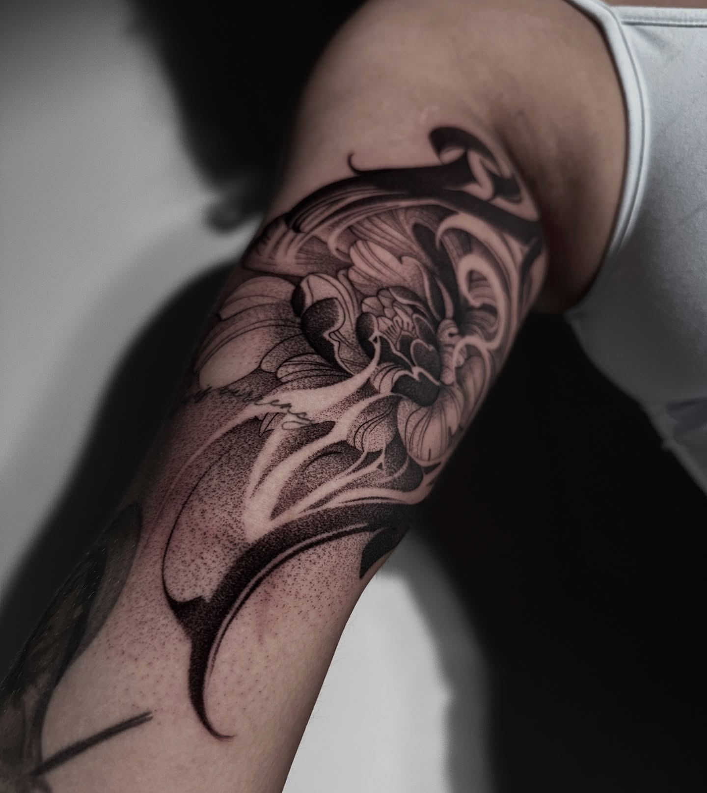 Tattoo by @dragonink.tattoos — dotwork, black_and_grey