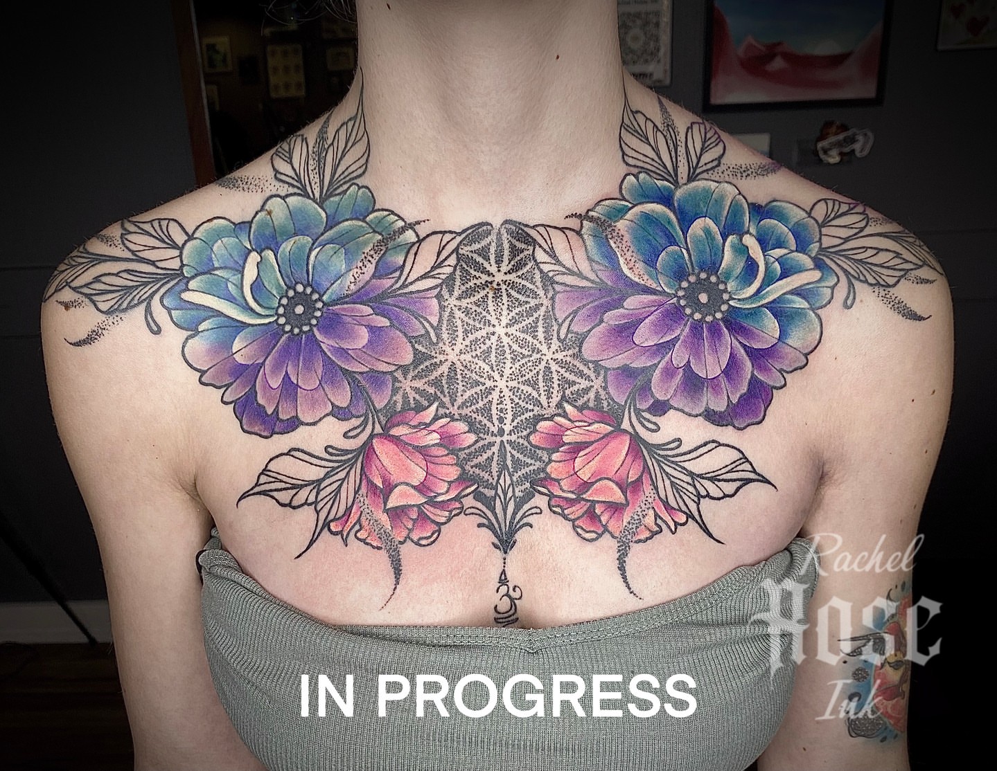 Floral mandala geometric tattoo on the chest by 𝑅𝒶𝒸𝒽𝑒𝓁 𝑅𝑜𝓈𝑒 🌹