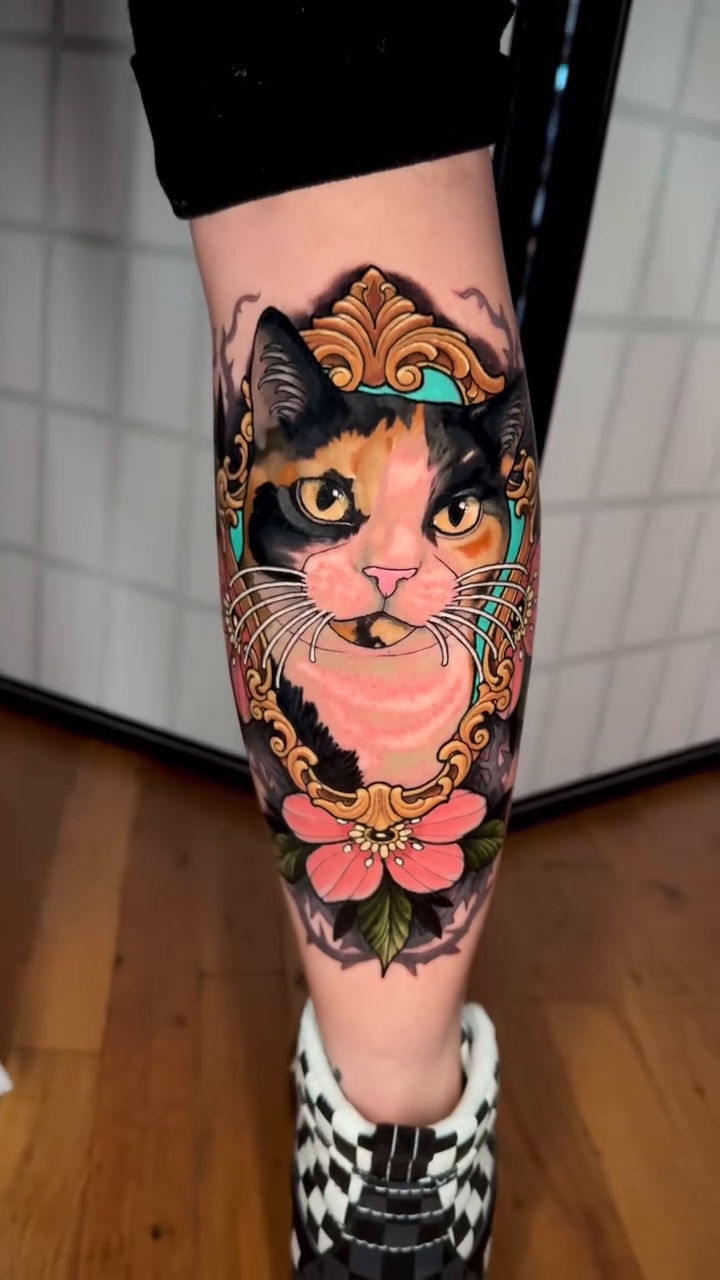 Calico cat portrait neo-traditional tattoo by Austin Britt