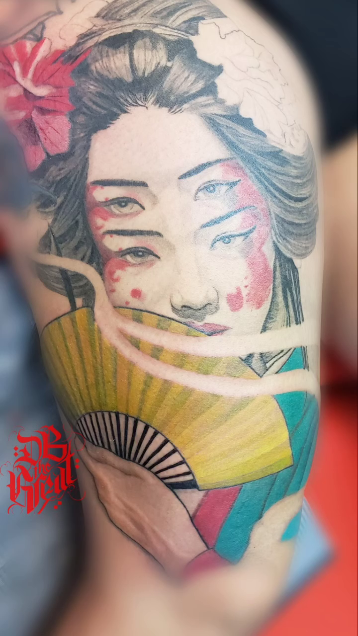 Geisha with multiple eyes and fan japanese irezumi tattoo by Dannie Blythewood