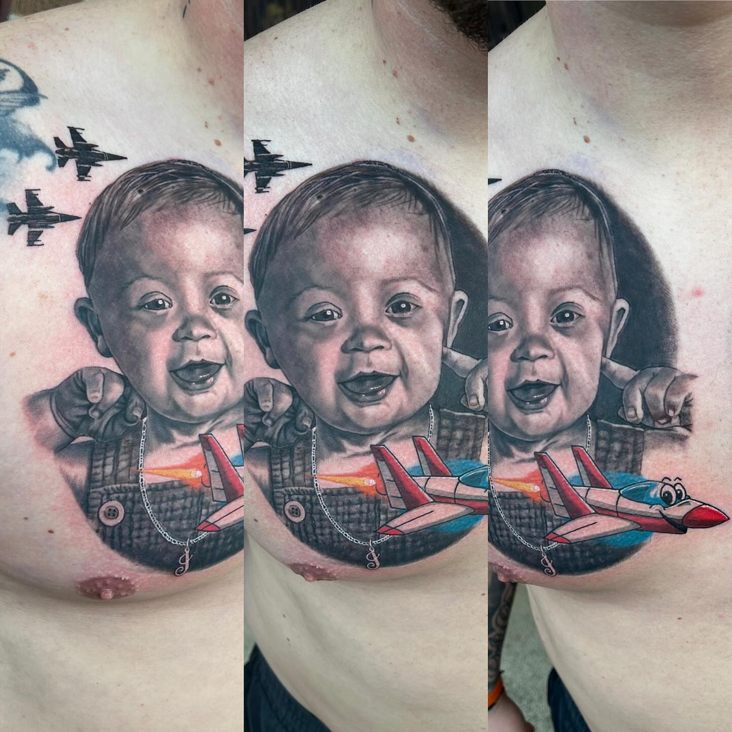 Baby with airplanes realism tattoo on the chest by Adam Zgorliski_STStattoo