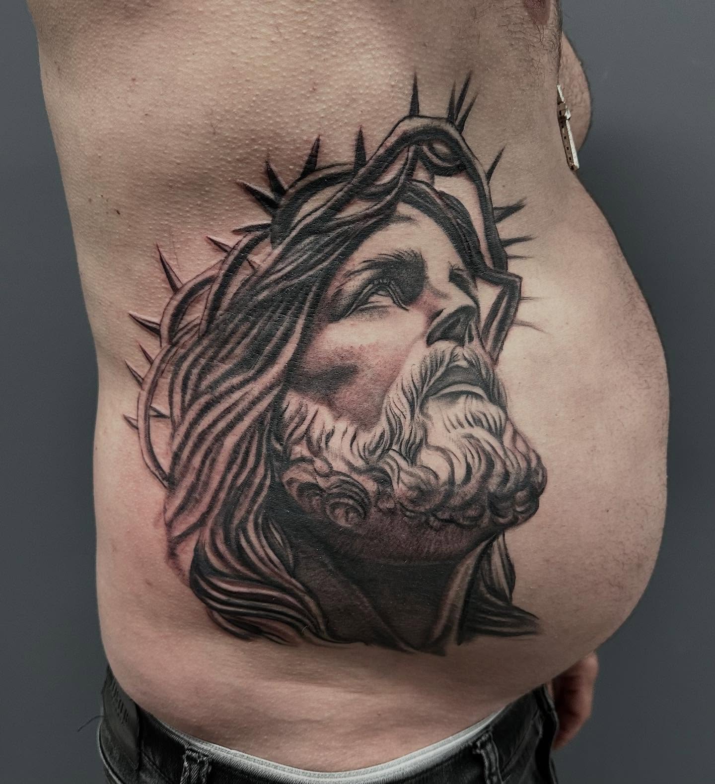 Jesus Christ realism tattoo on the ribs by mia's tattoo, Los Angeles, California