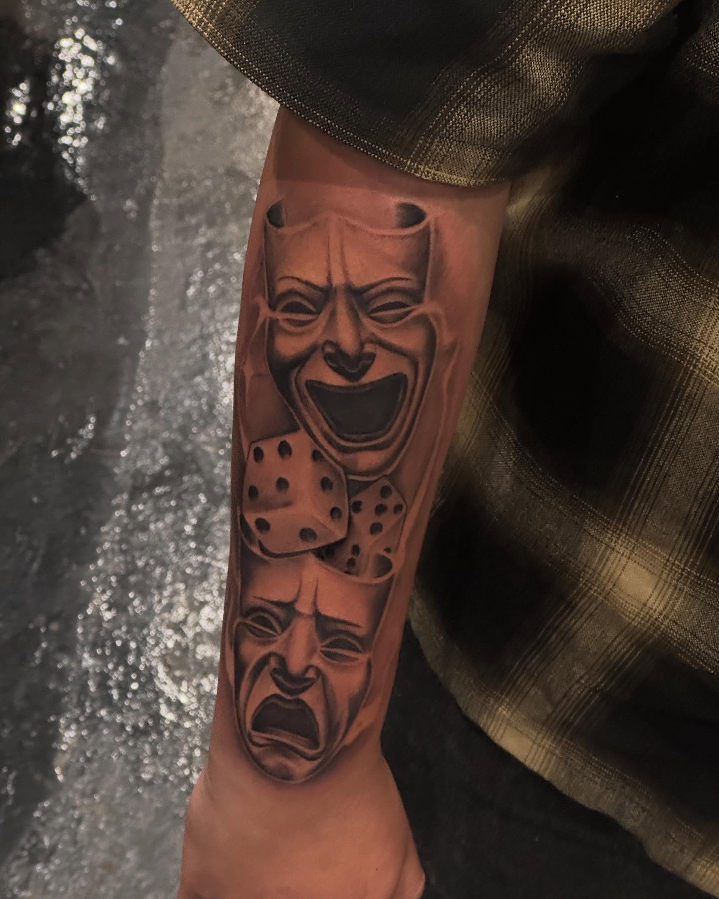Joker mask realism tattoo on the forearm by Bernie calderon, Fresno, California