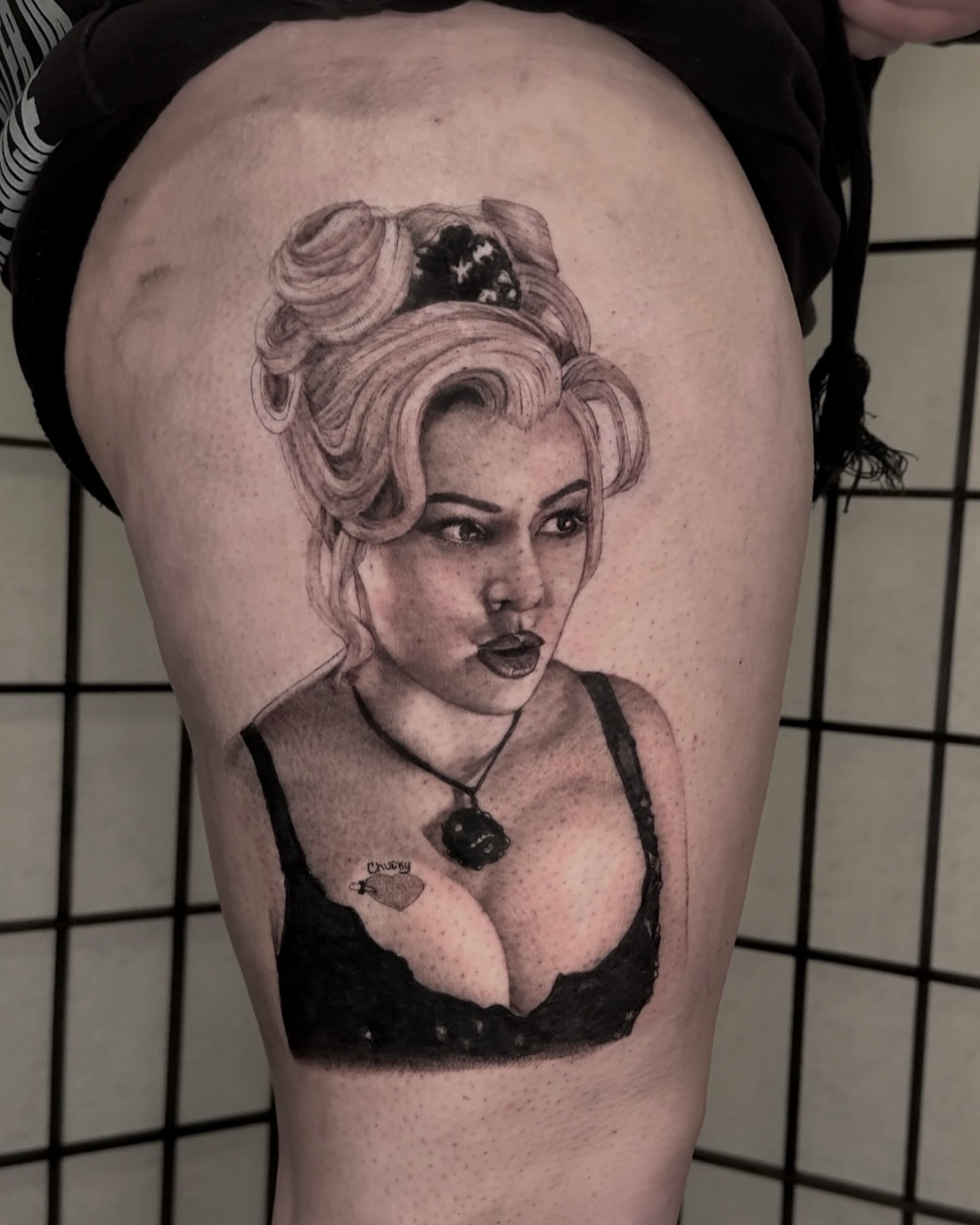 Portrait of a woman dotwork tattoo on the thigh by jordyn ๐ญ