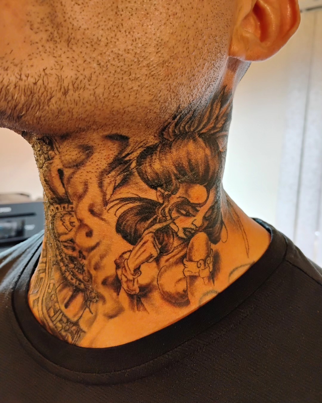 Anime character anime tattoo on the neck by Alfredo Sosa