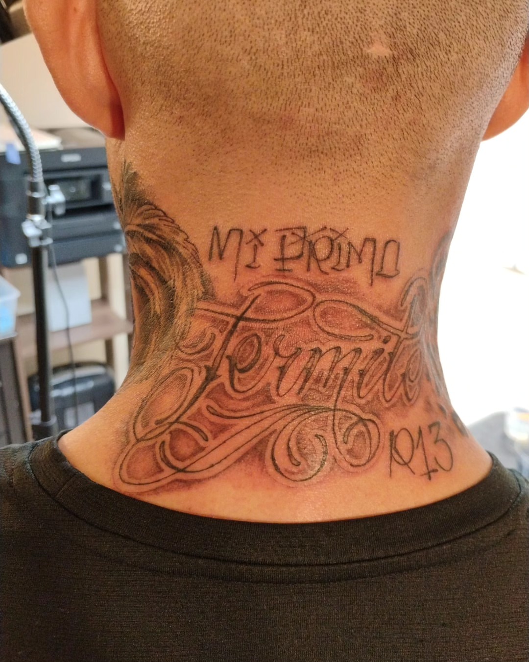 Script lettering lettering script tattoo on the neck by Alfredo Sosa