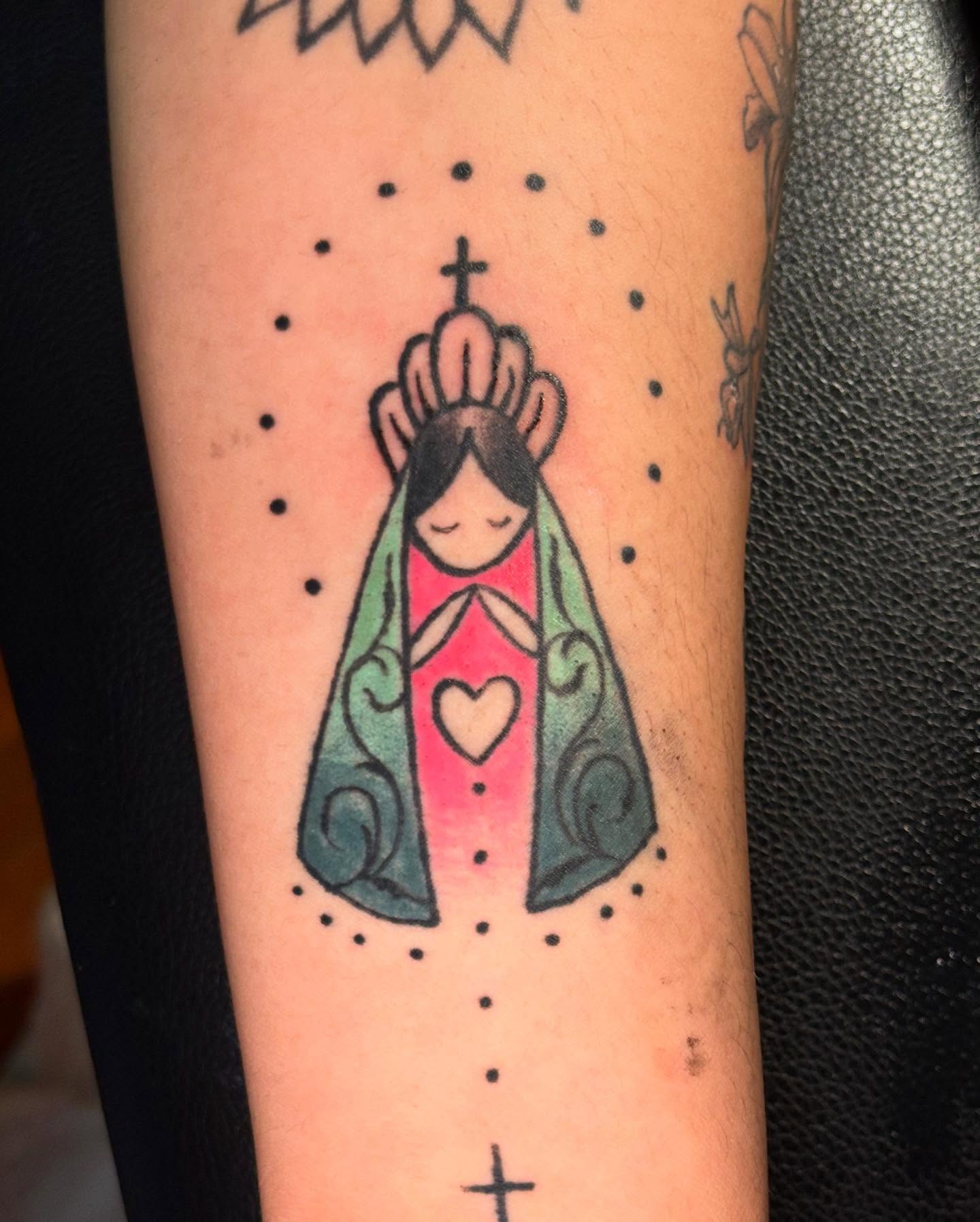 Virgin Mary dotwork tattoo on the forearm by Angel Arceo