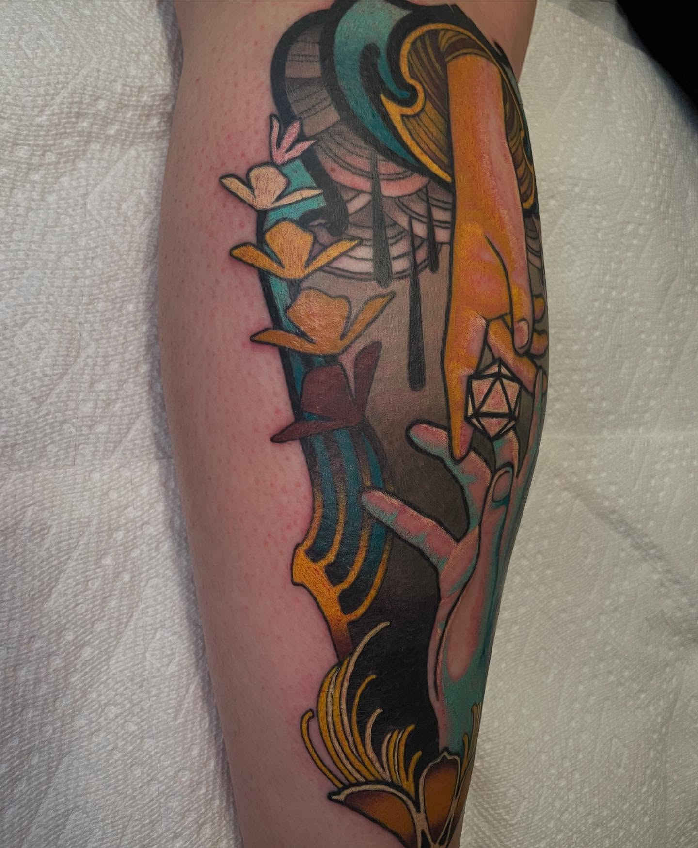 Abstract figure with flowers American traditional tattoo on the forearm by Seattle Tattoo Artist, Bonney Lake, Washington
