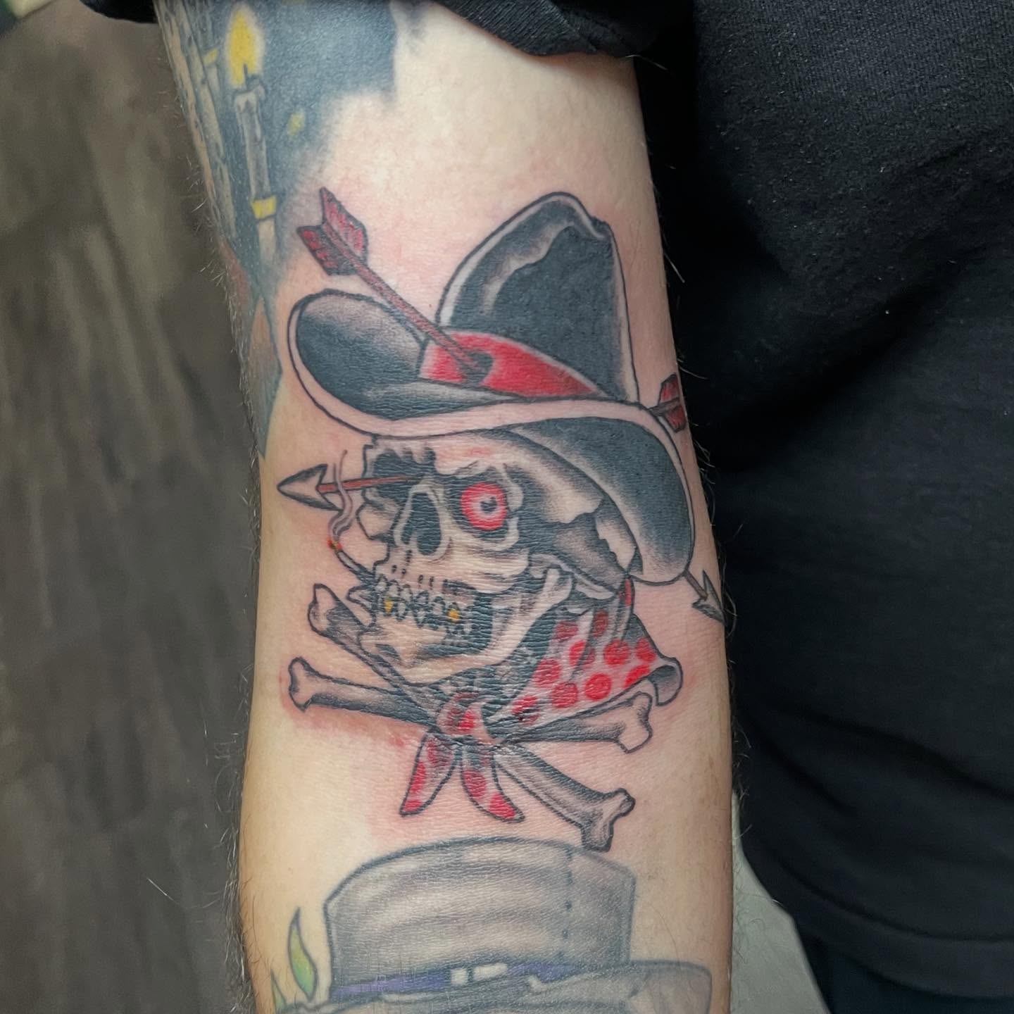 Pirate skull American traditional tattoo on the forearm by Jaxson Eugene Brady-Hobart