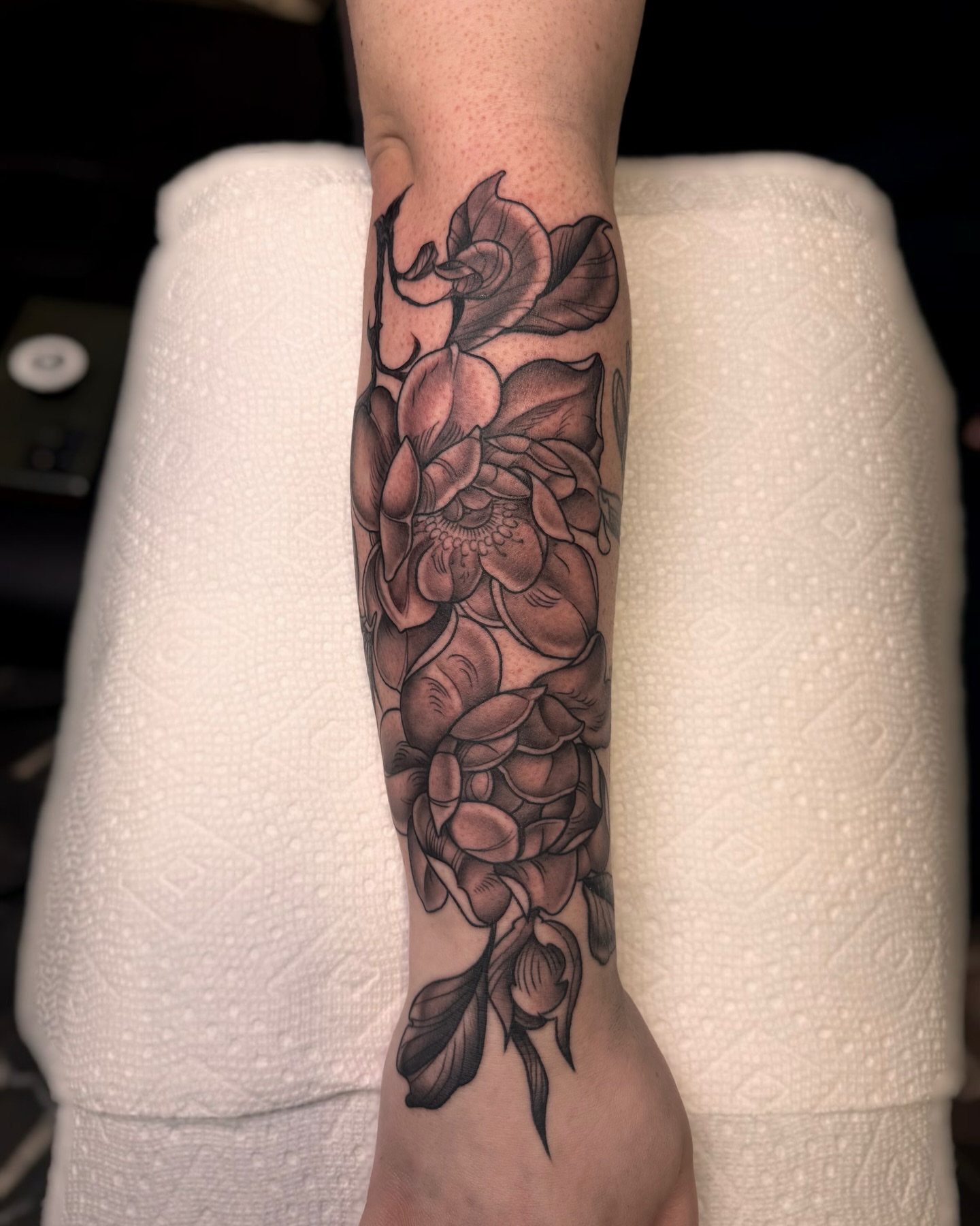 Peony flowers black and grey tattoo on the forearm by Suda