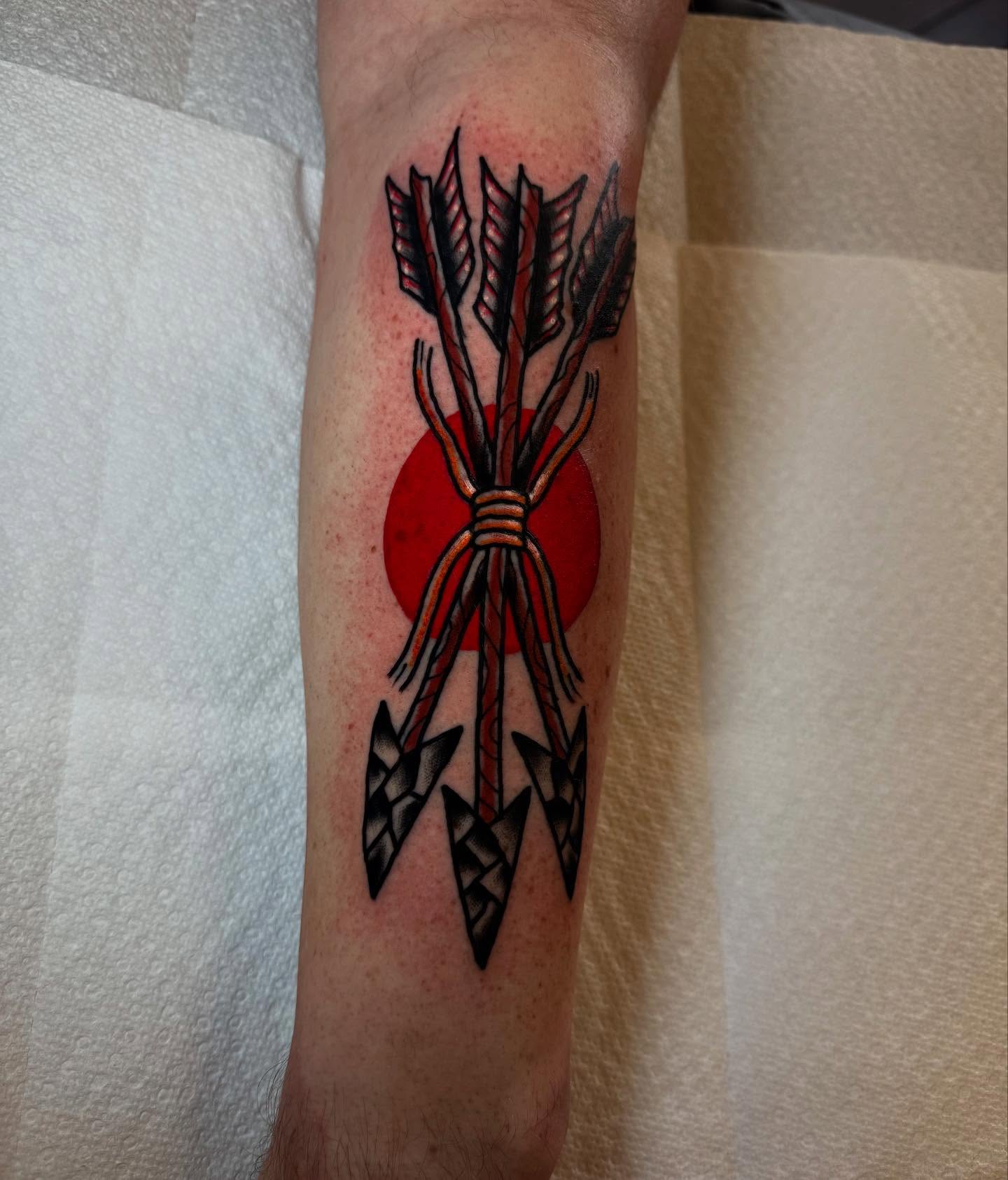 Arrows American traditional tattoo on the forearm by Noah Diffenderfer, Phoenix, Arizona
