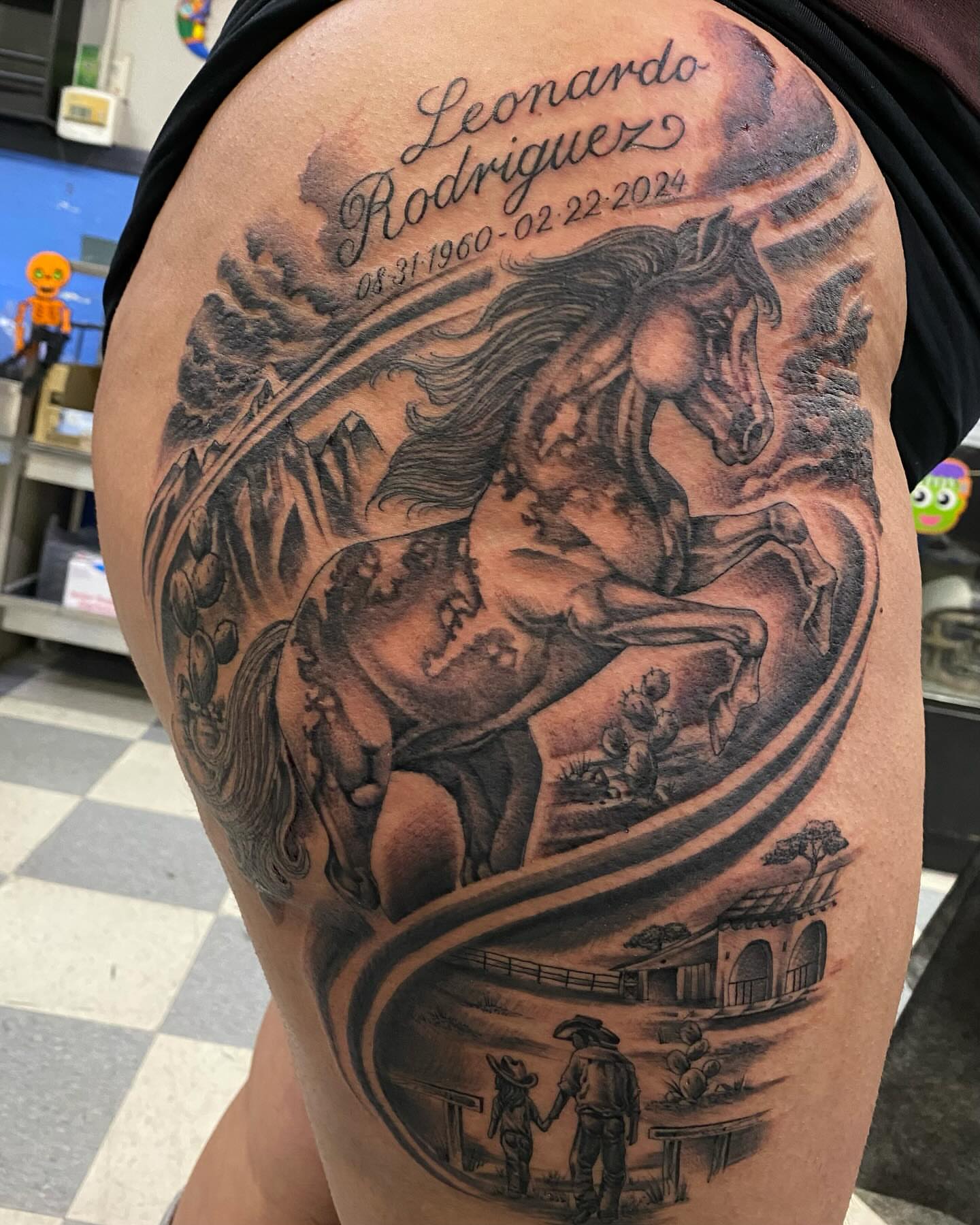 Galloping horse realism tattoo on the thigh by Manny