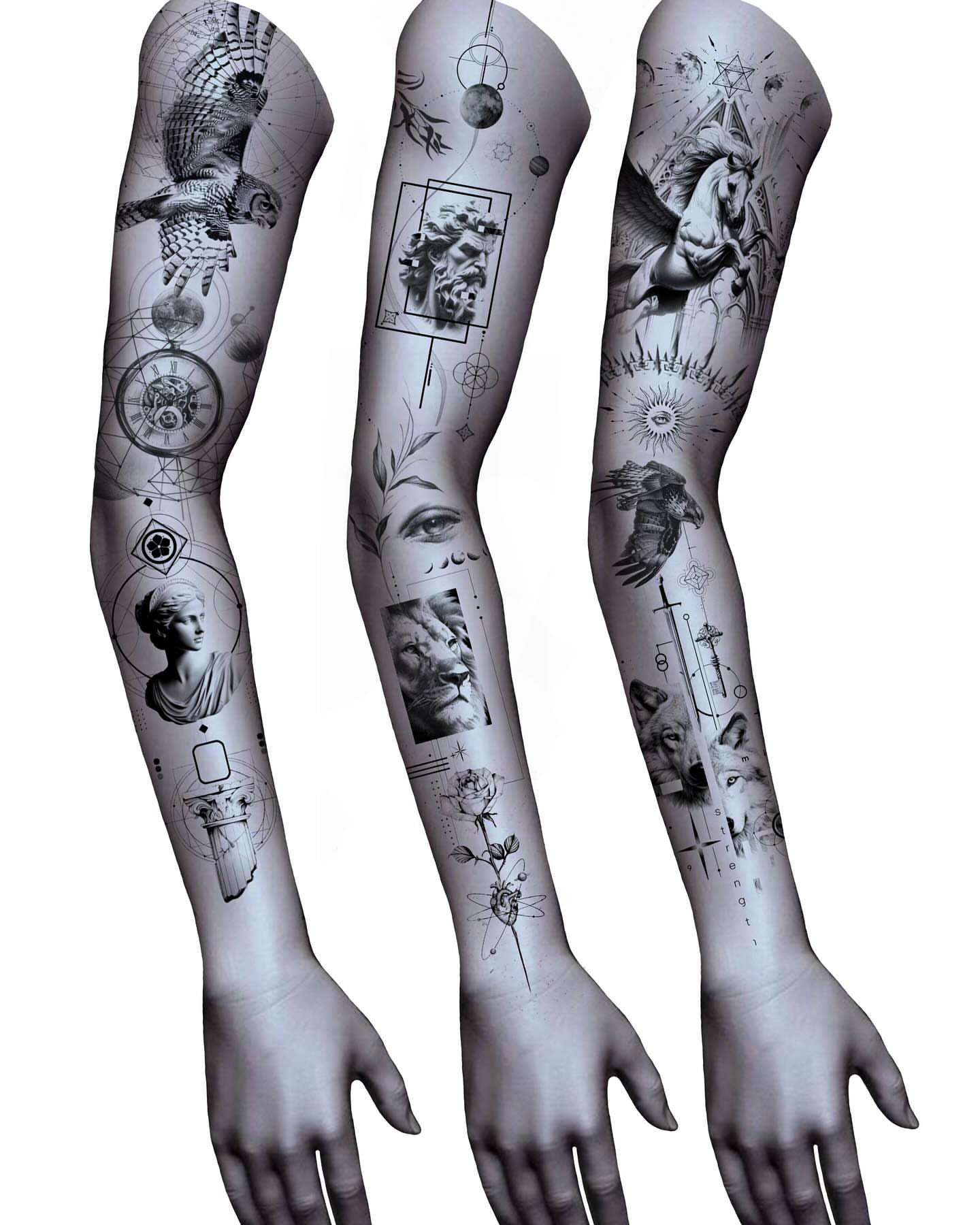 Mythical creatures and celestial symbols geometric tattoo on the upper arm by Cody Mason