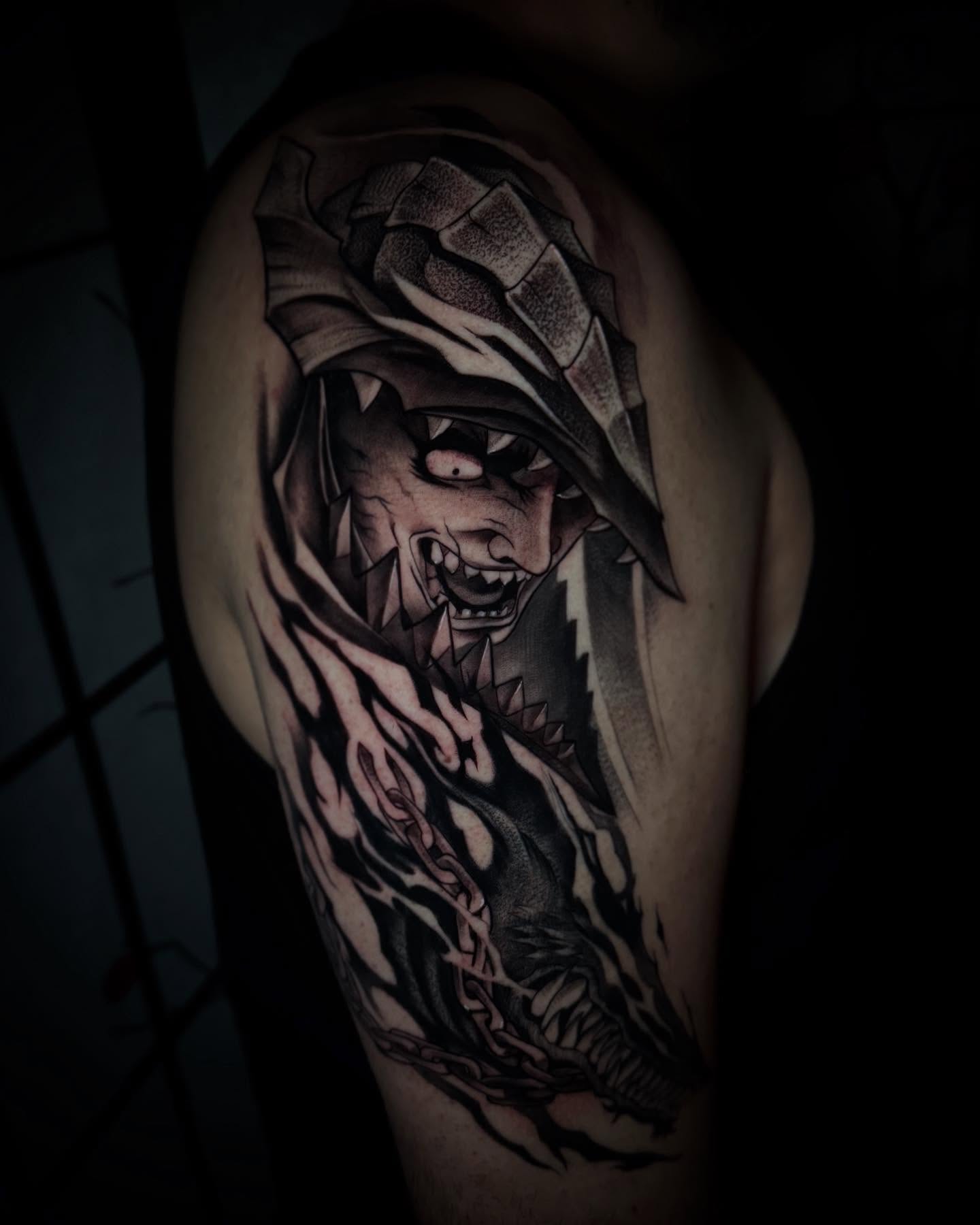Demon dark realism tattoo on the shoulder by Bruce becerra tattoos