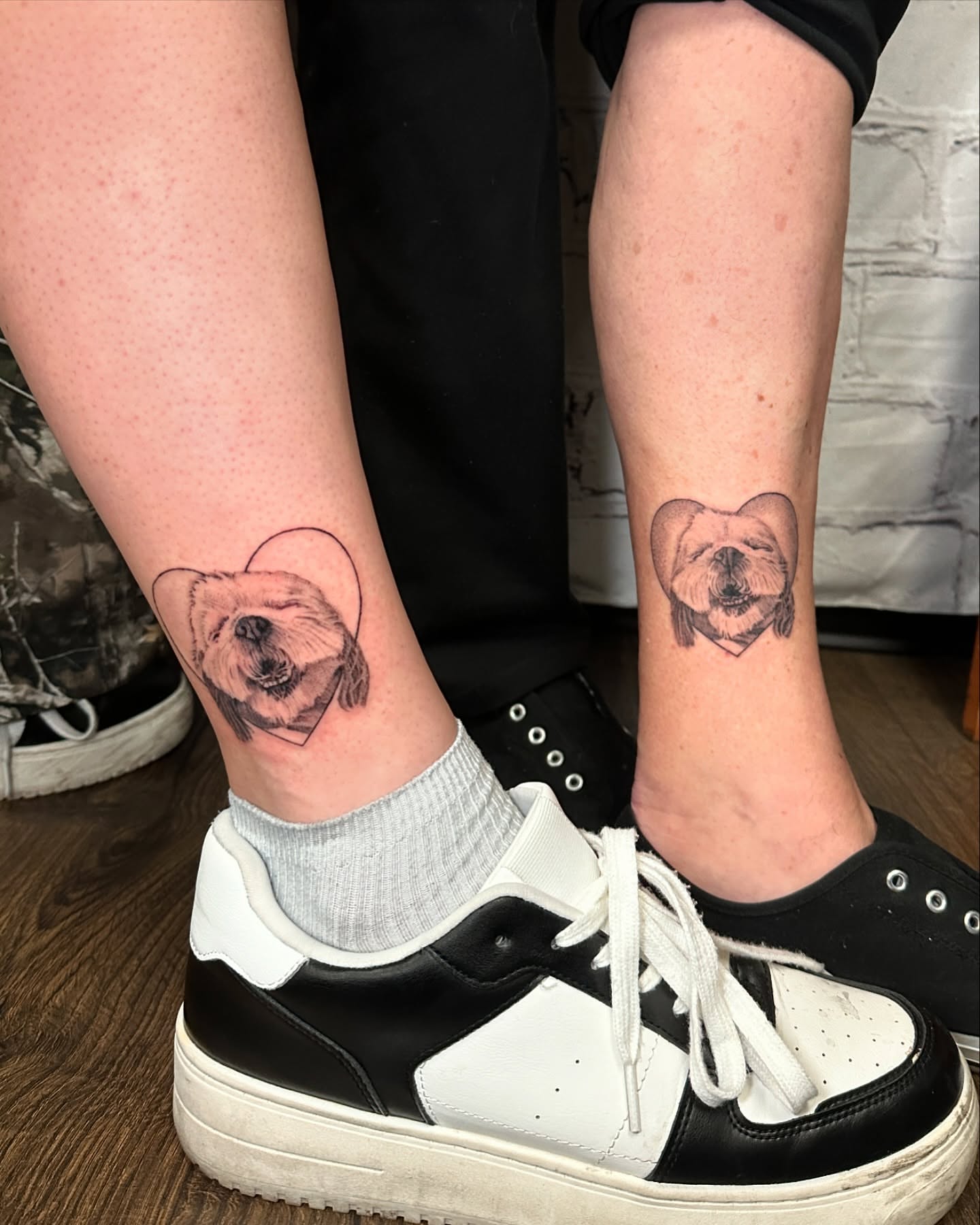 Dog realism tattoo on the calf by Stephen Hansen