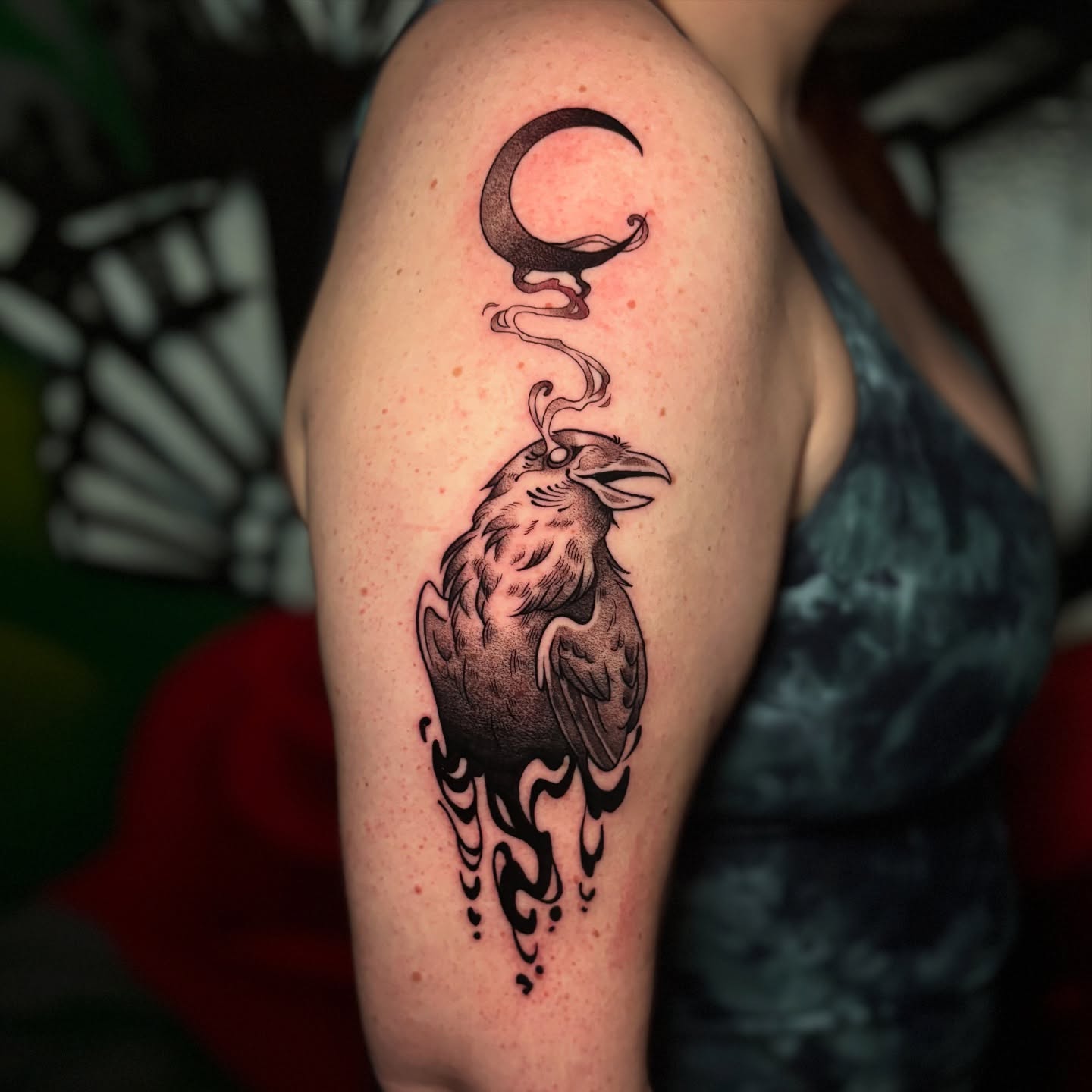 Crow and crescent moon black and grey tattoo on the shoulder by 𝕊𝕒𝕞 ☪︎ ִ ࣪𖤐 𐦍 ☾𖤓