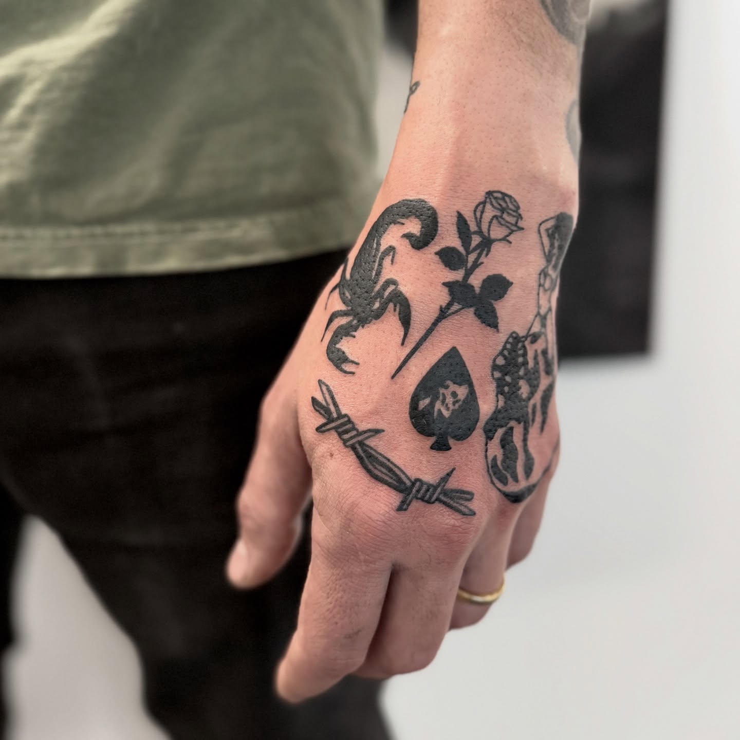 Scorpion and rose black and grey tattoo on the hand by Han shinko, Portland, Oregon