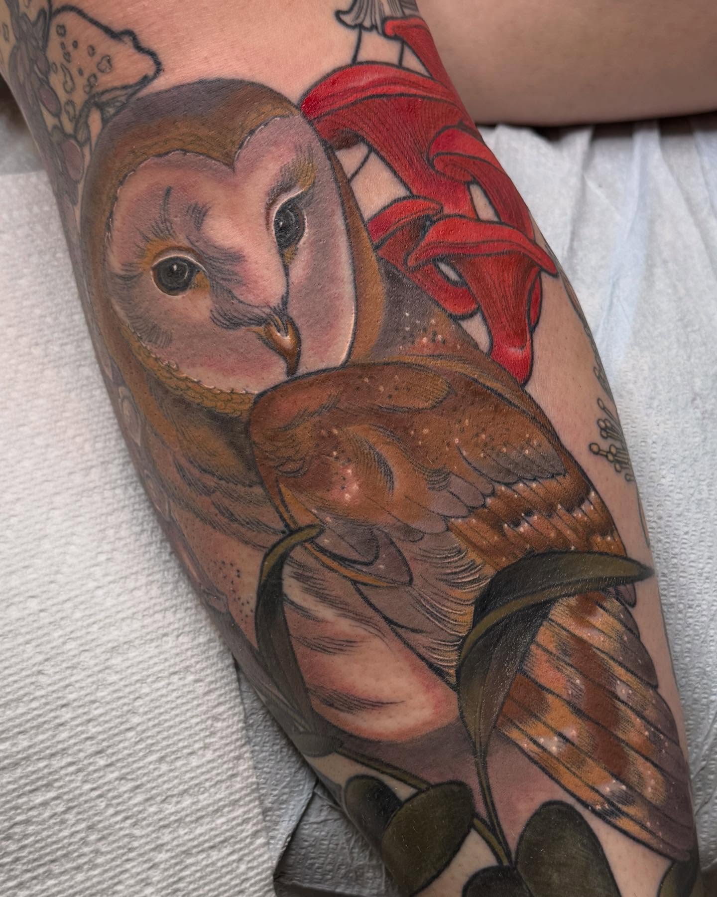 Owl realism tattoo on the forearm by Rachael Shelly