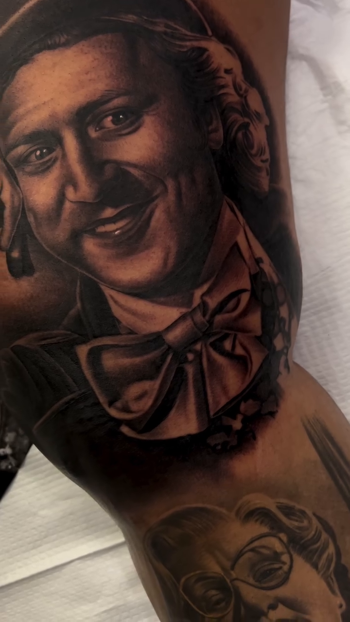 Willy Wonka portrait realism tattoo by Antonio Pavić, Los Angeles, California