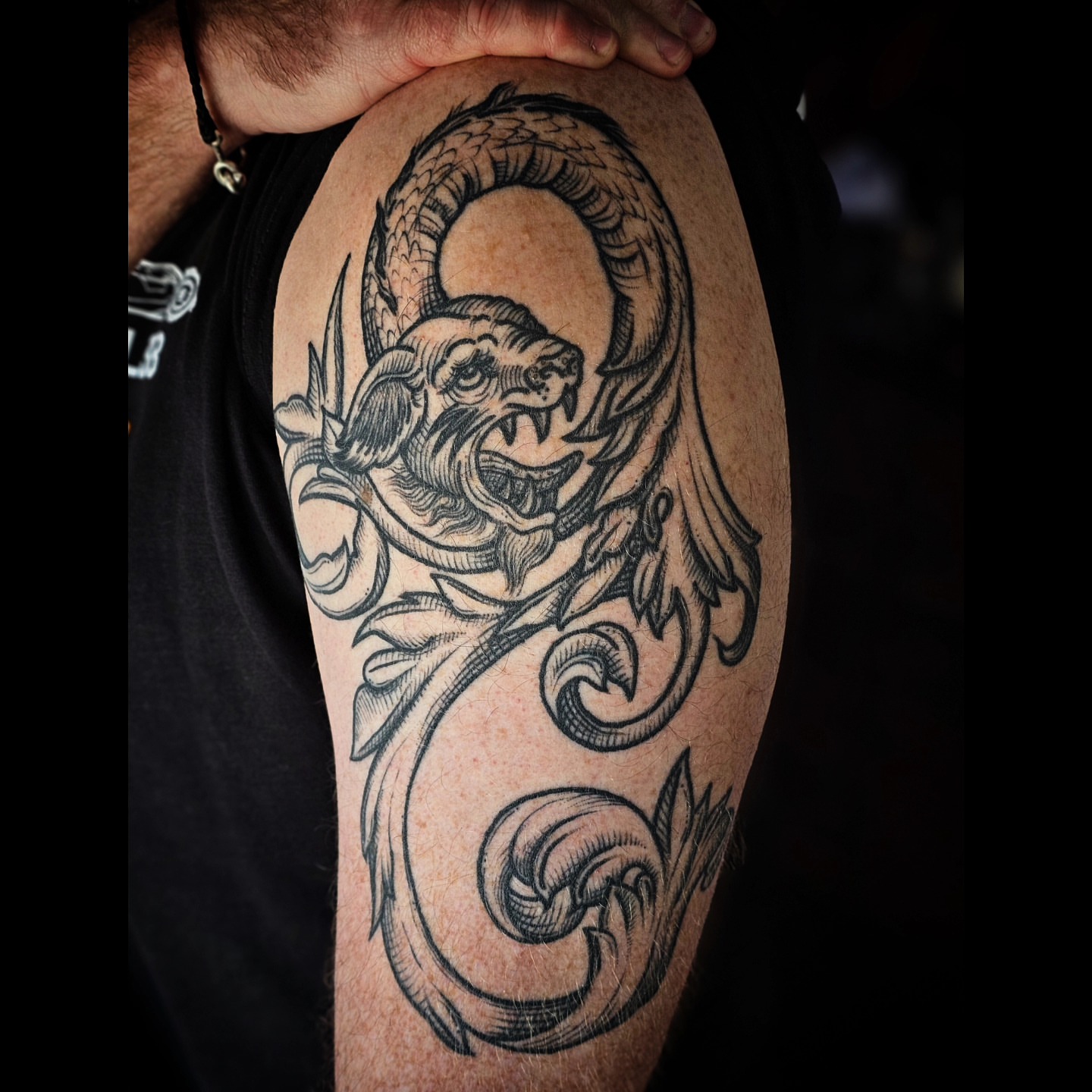 Tattoo by @doveandtoad — black_and_grey