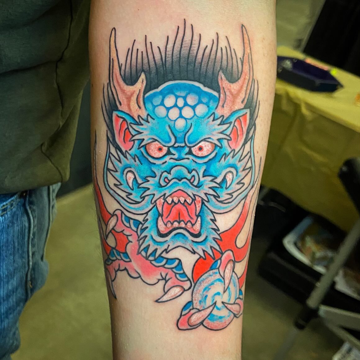 Demon American traditional tattoo on the forearm by Alex Citrone - Martha’s Vineyard Tattoo