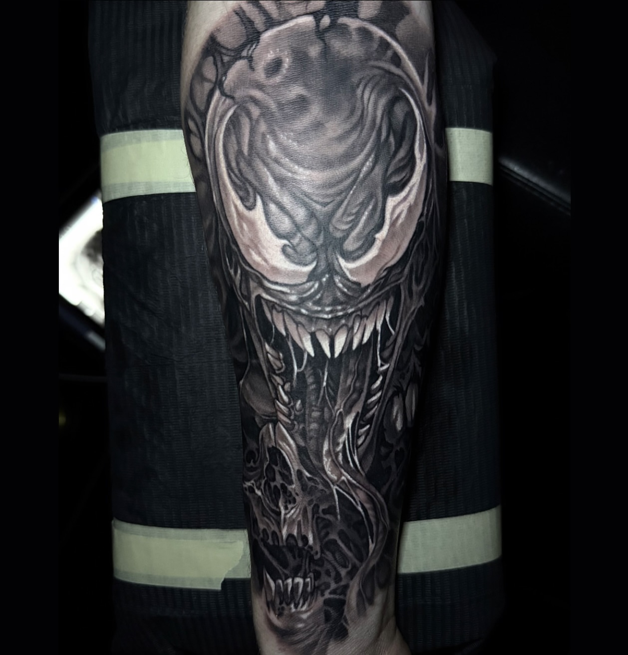 Venom realism tattoo on the forearm by Kyle hodge