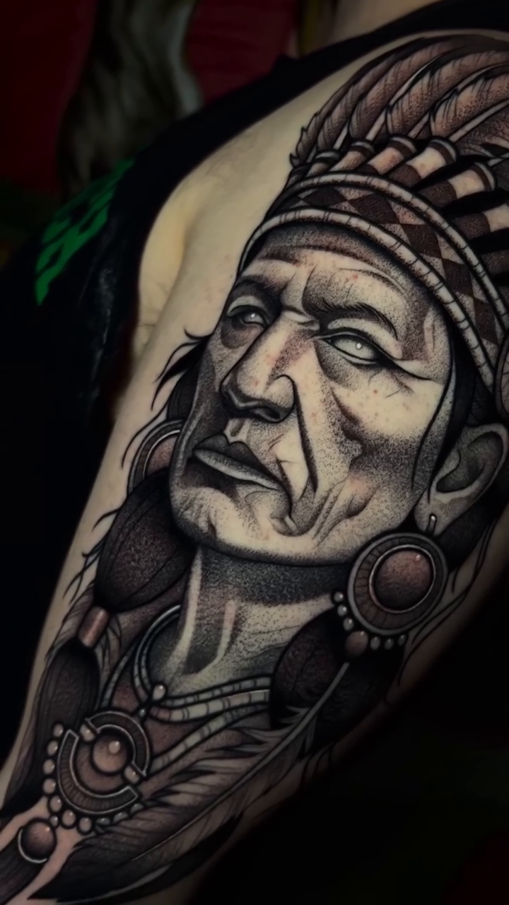 Native American chief portrait realism tattoo by Bell Bolton