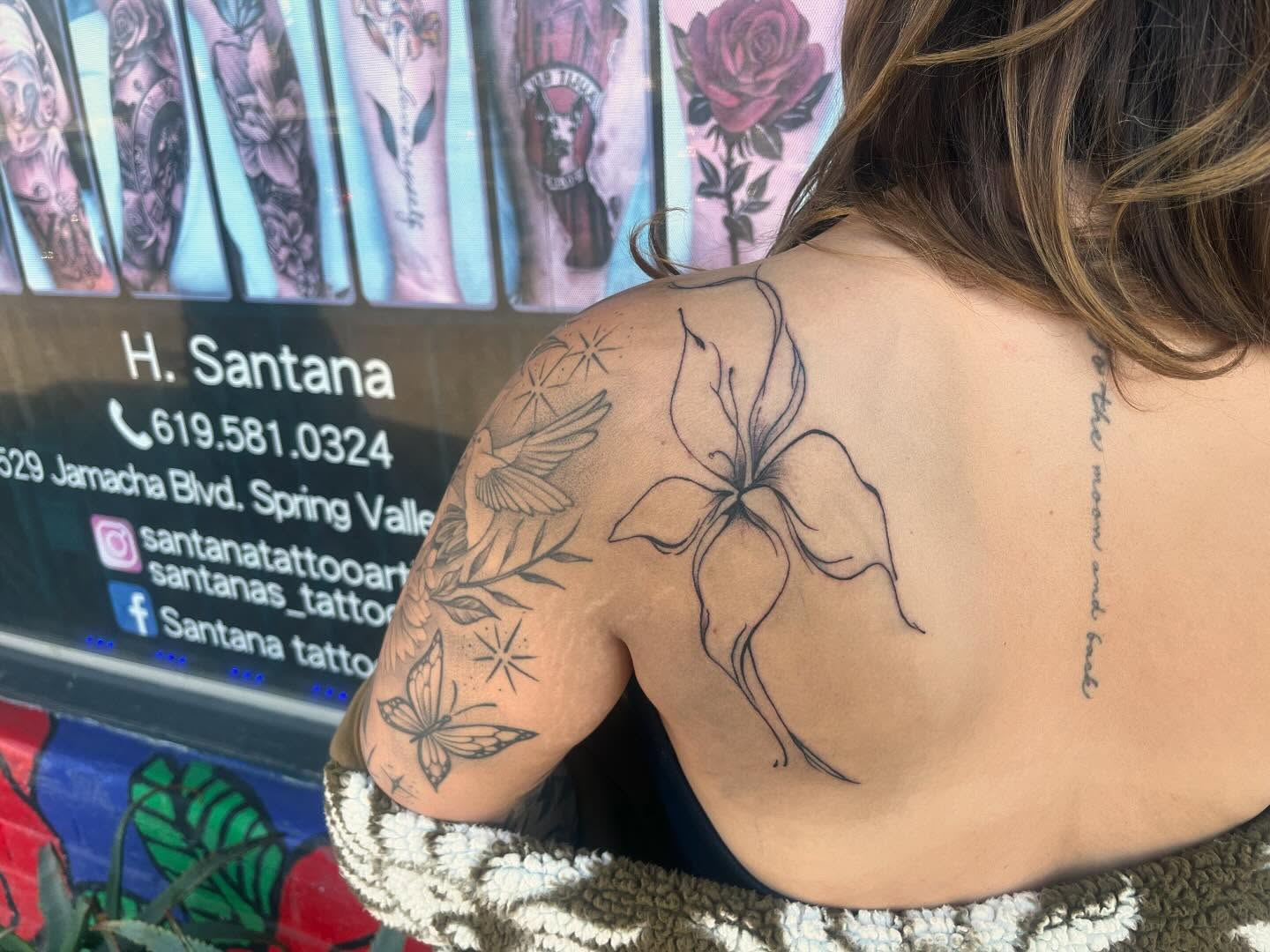Flower and bird black and grey tattoo on the back by Ink by Hailey π
