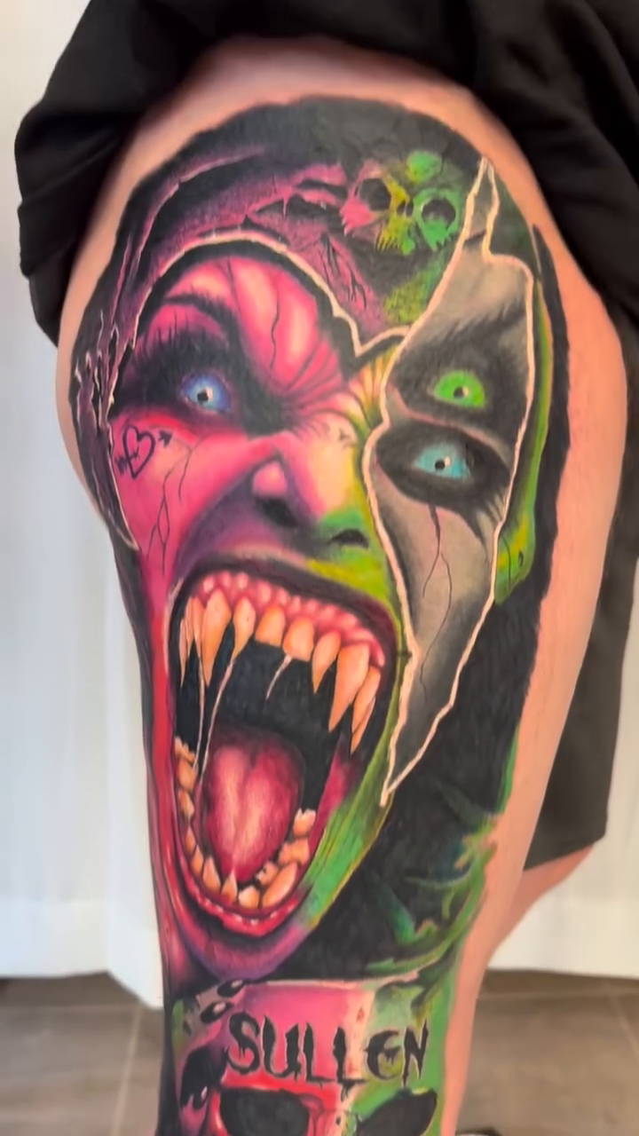 Vampire face and skulls realism tattoo by Zac Pedrosa