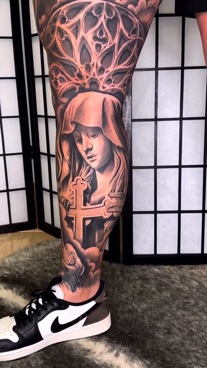Religious figures and architectural elements realism tattoo by Anthony Ramirez