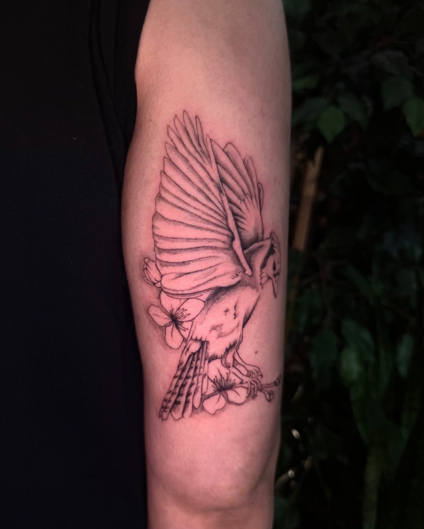 Bird with flowers black and grey tattoo on the forearm by chloe🗡️🖤🦇🩸