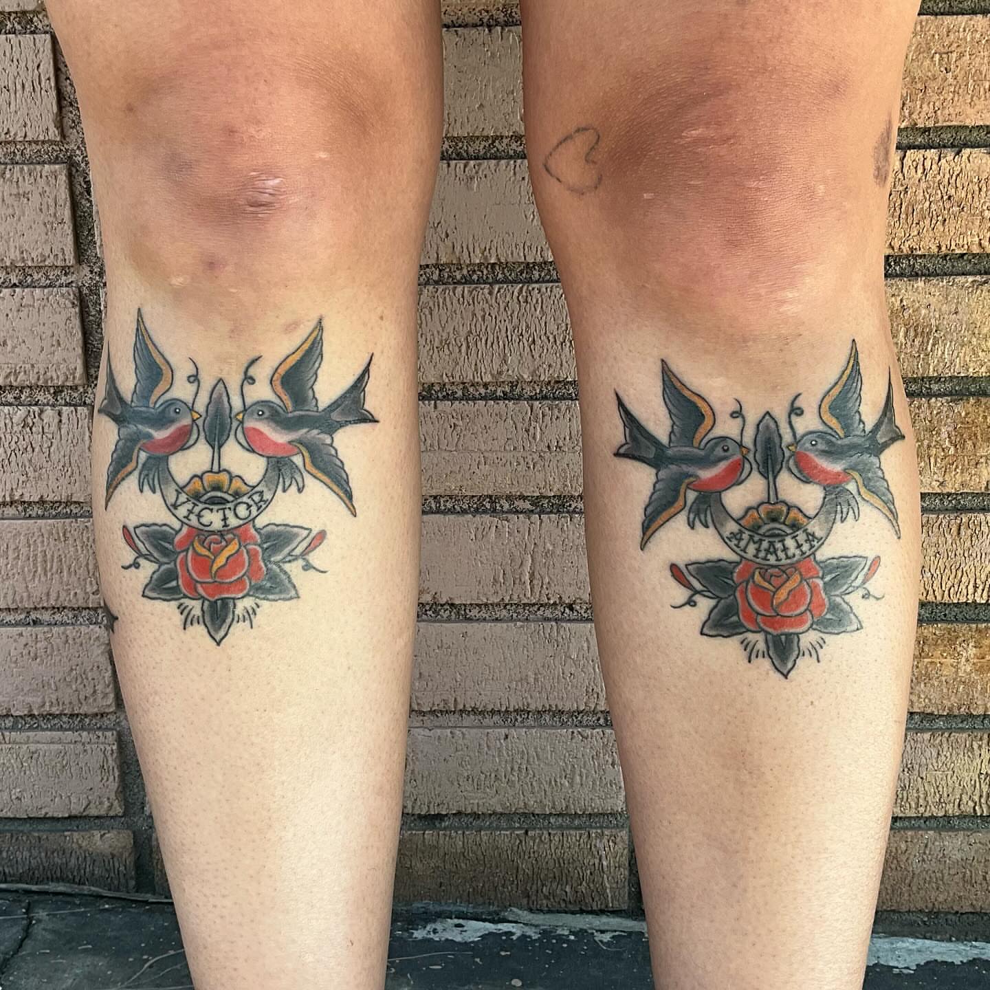 Birds and roses American traditional tattoo on the leg by J. Arturo Laparra