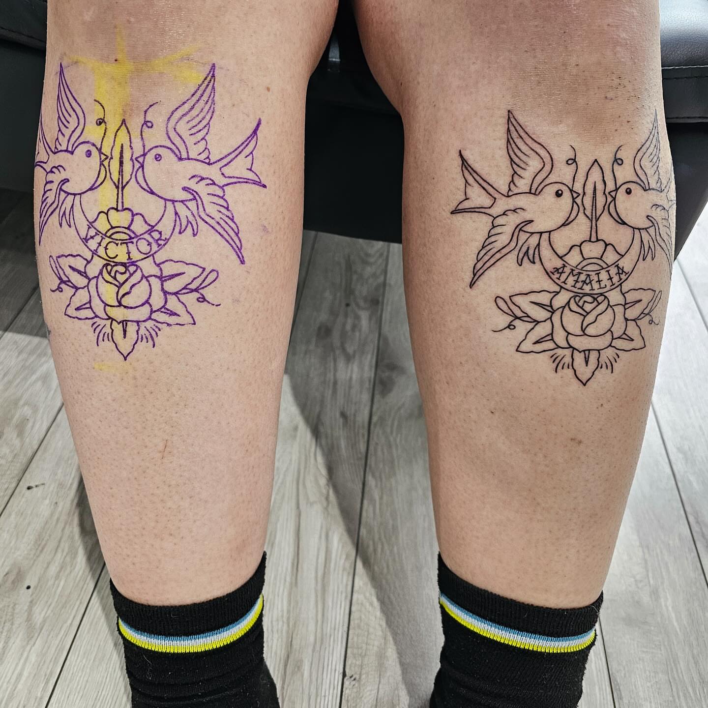 Birds and roses neo-traditional tattoo on the leg by J. Arturo Laparra