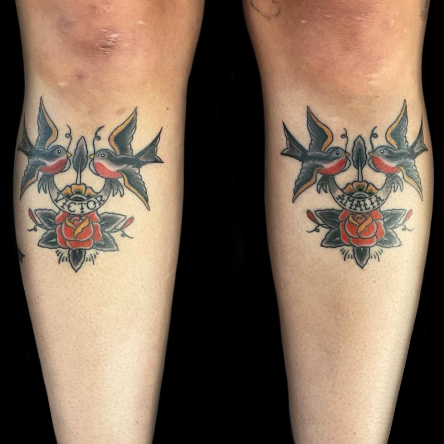 Birds and roses American traditional tattoo on the forearm by J. Arturo Laparra