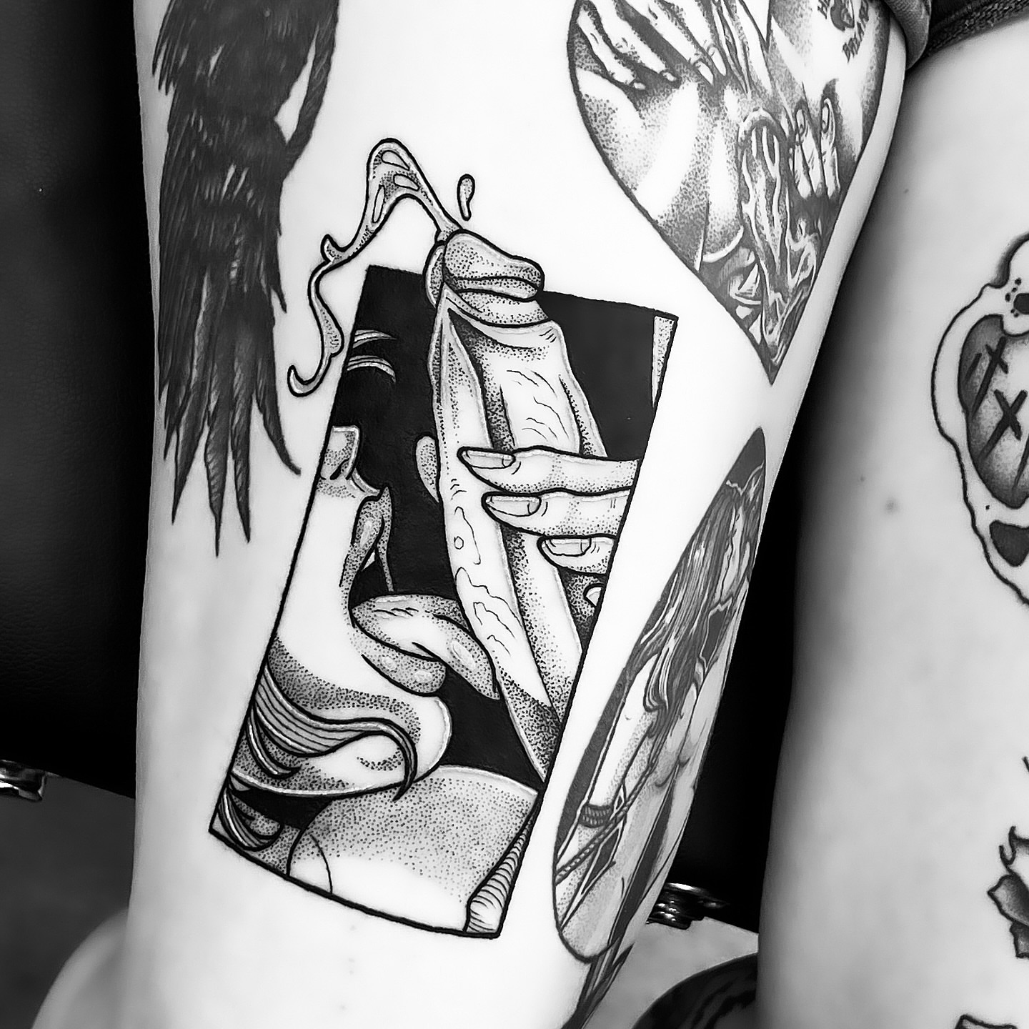 Tattoo by @jonvonschlong — dotwork, black_and_grey