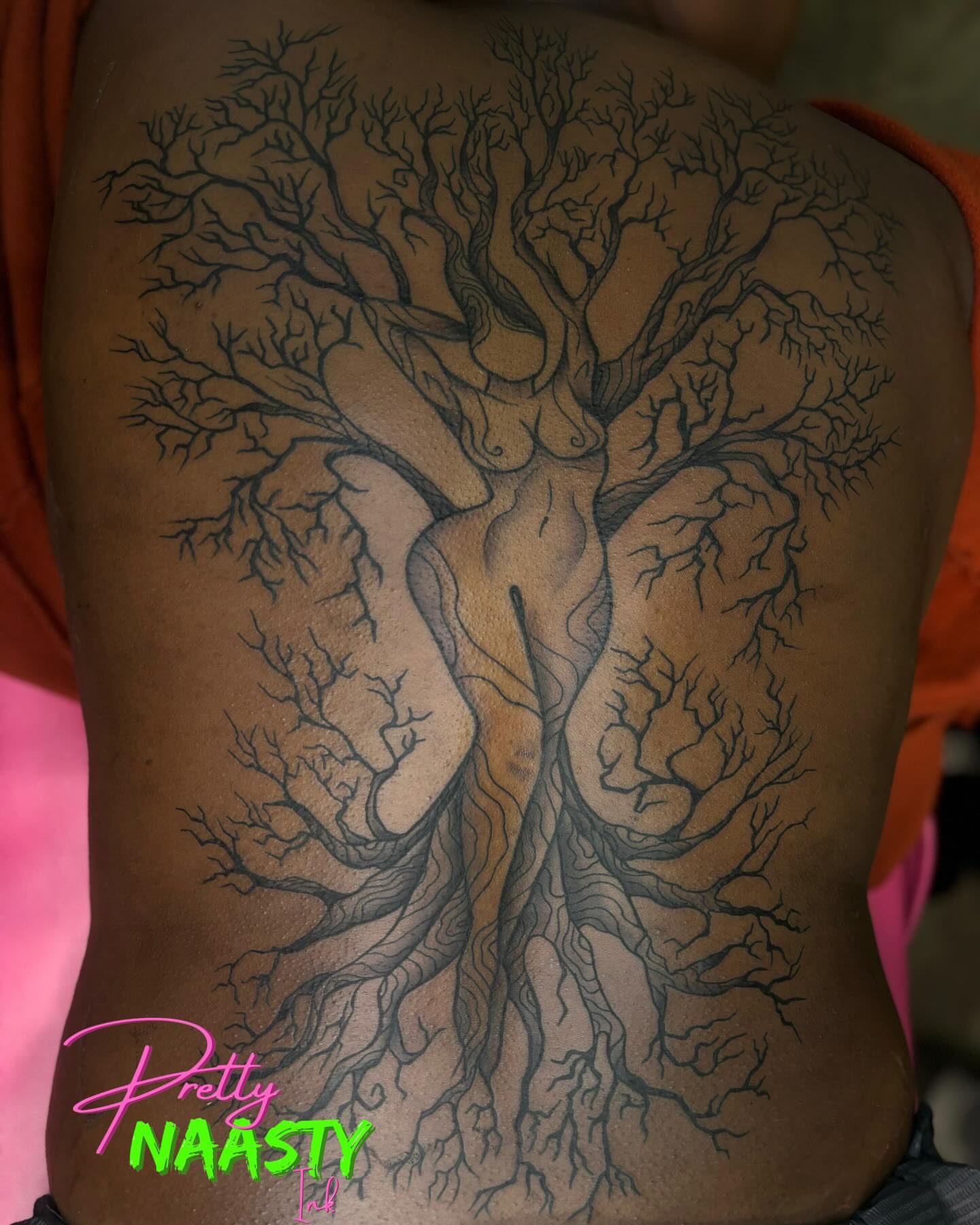 Tree black and grey tattoo on the torso by Pretty Naasty Ink🖤