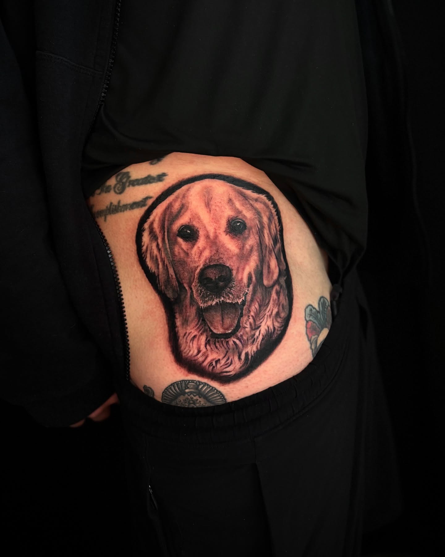 Dog portrait realism tattoo on the ribs by JoannaTattoos