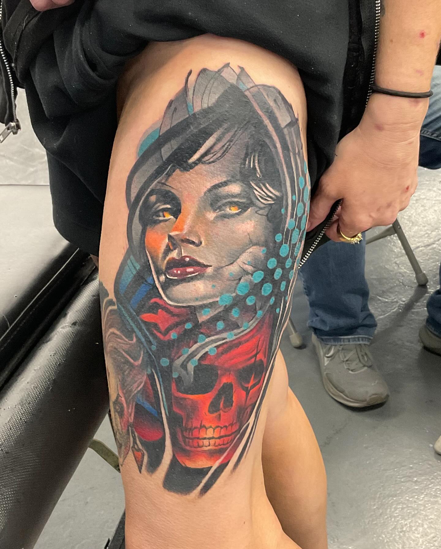 Tattoo by @huckleberrytattoos — dotwork, realism