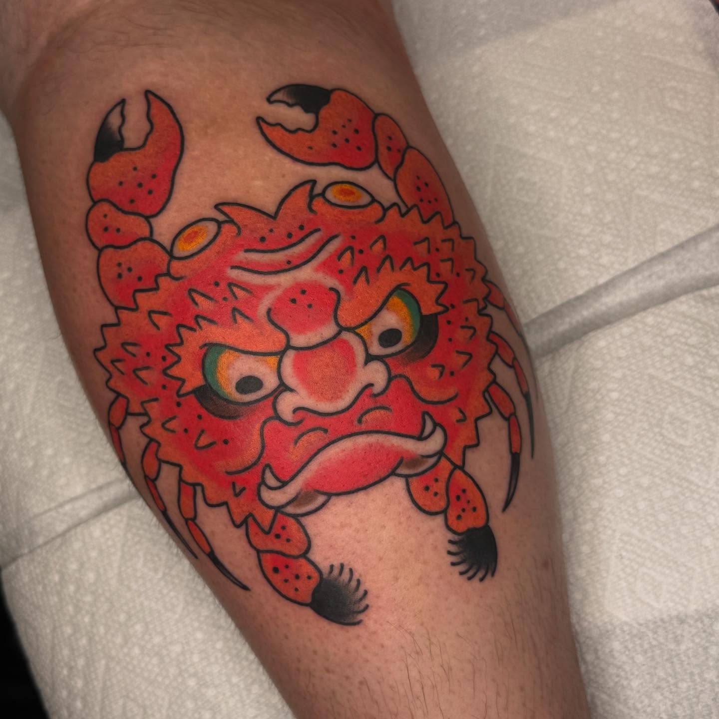 Crab American traditional tattoo on the thigh by Liz Mercer ★ Tattooer - Raleigh NC
