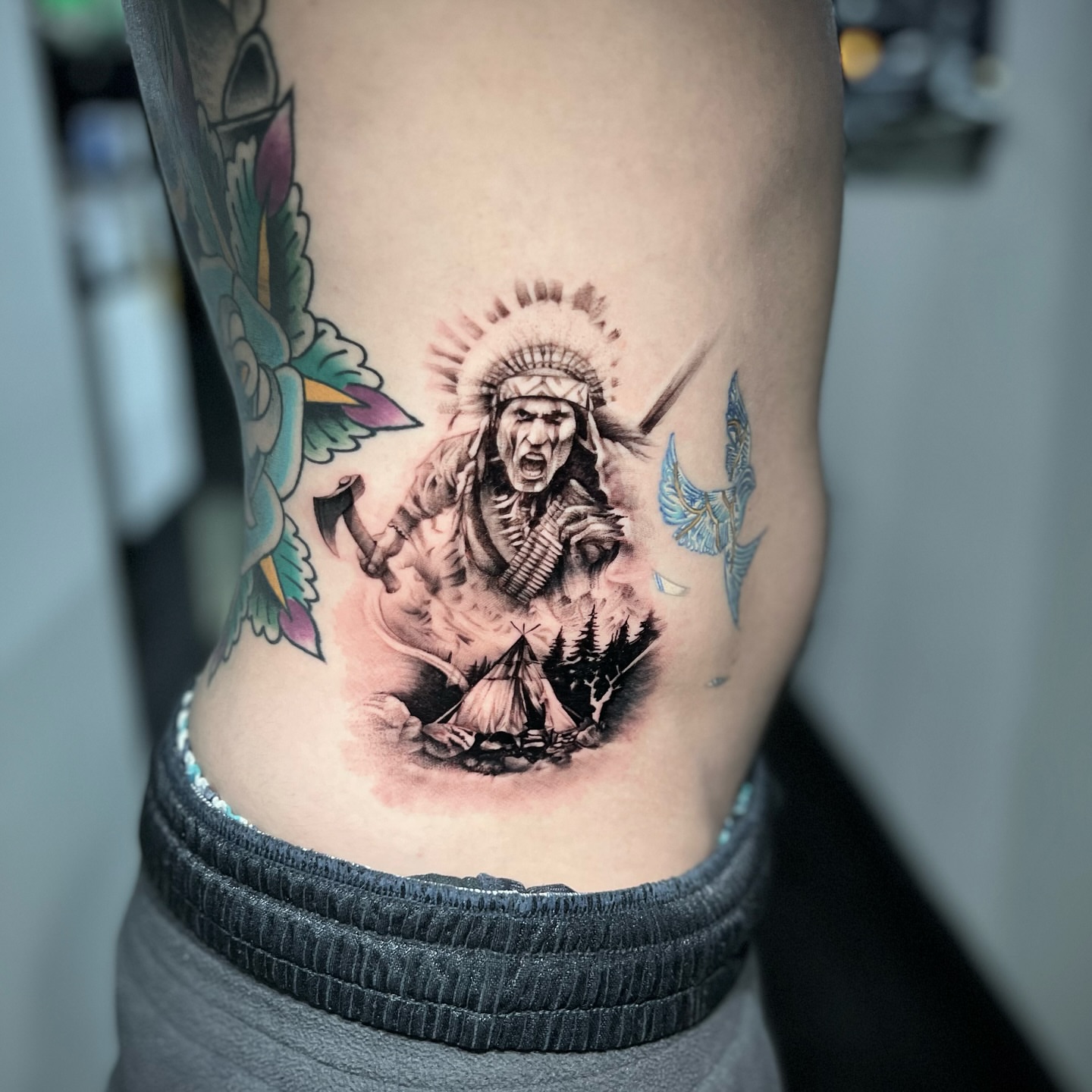Indian chief American traditional tattoo on the thigh by Bay Area Tattoo Artist