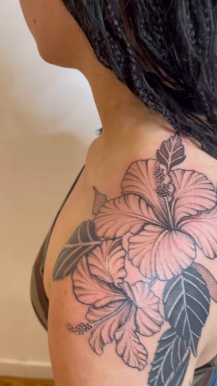 Hibiscus flowers and leaves fine line tattoo by ដេវី  និល - Davi Nil - Tattoo Artist