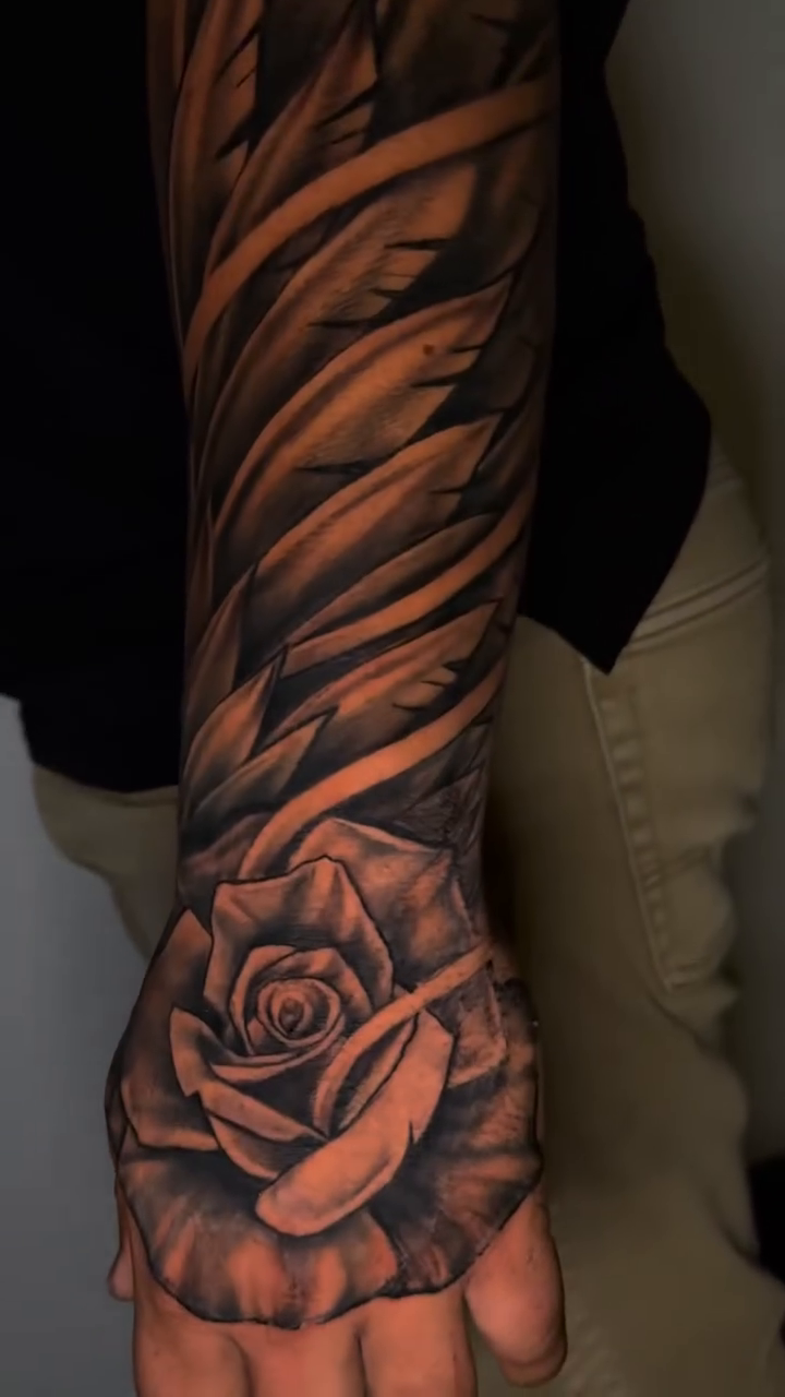 Rose and abstract pattern realism tattoo by Pablo Venegas