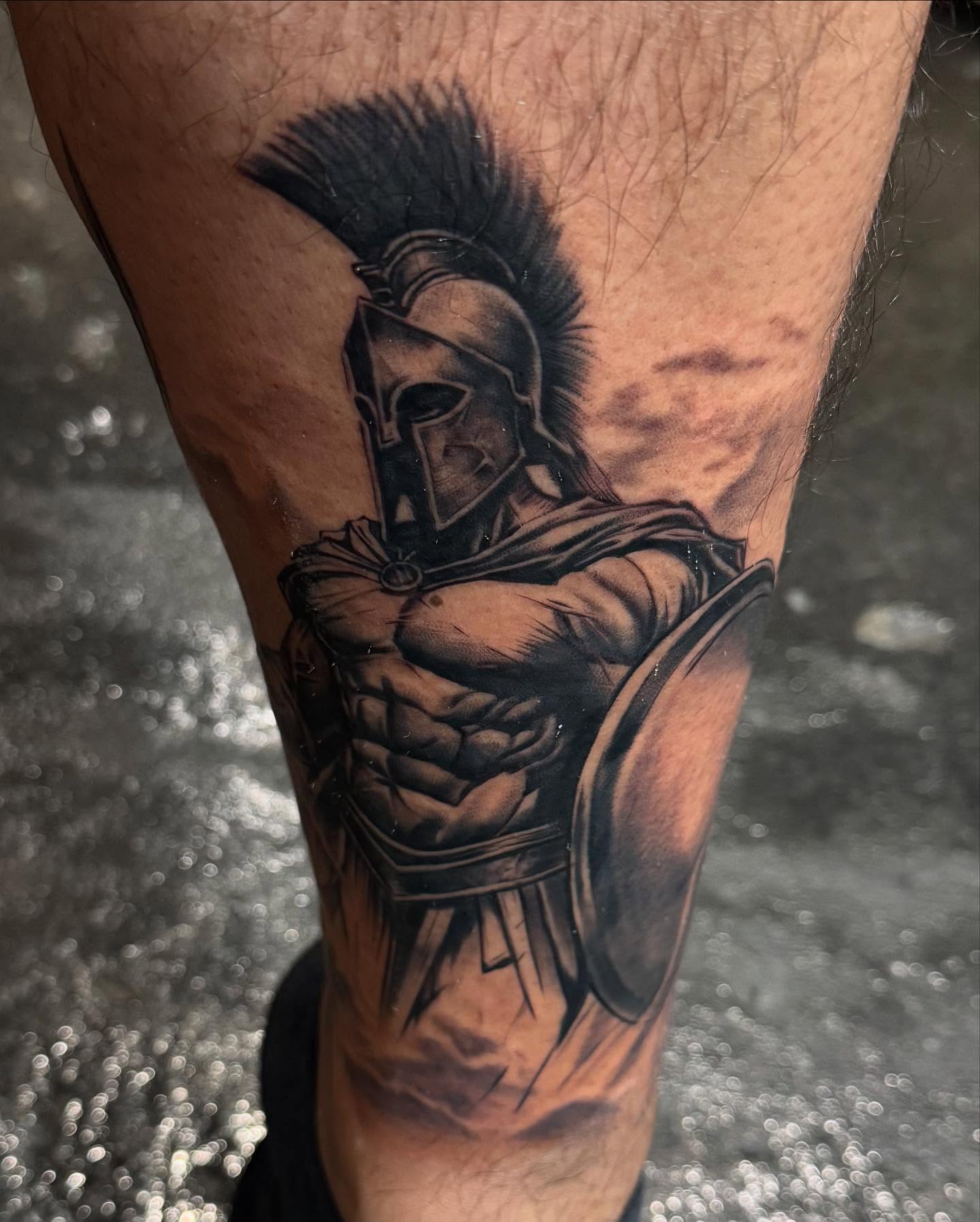 Spartan warrior realism tattoo on the thigh by Bernie calderon, Fresno, California