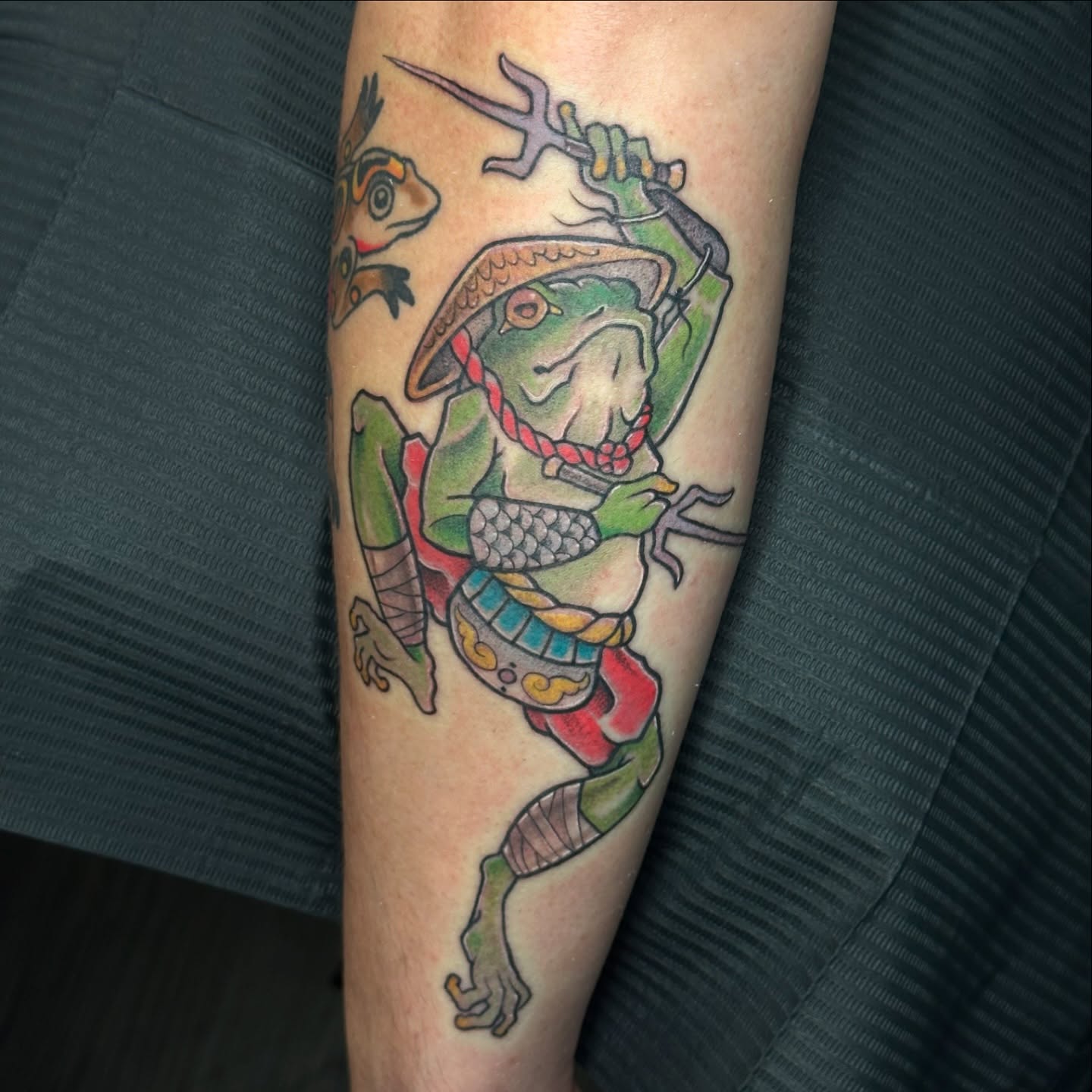 Frog warrior American traditional tattoo on the forearm by Sarah Bobby, Houston, Texas