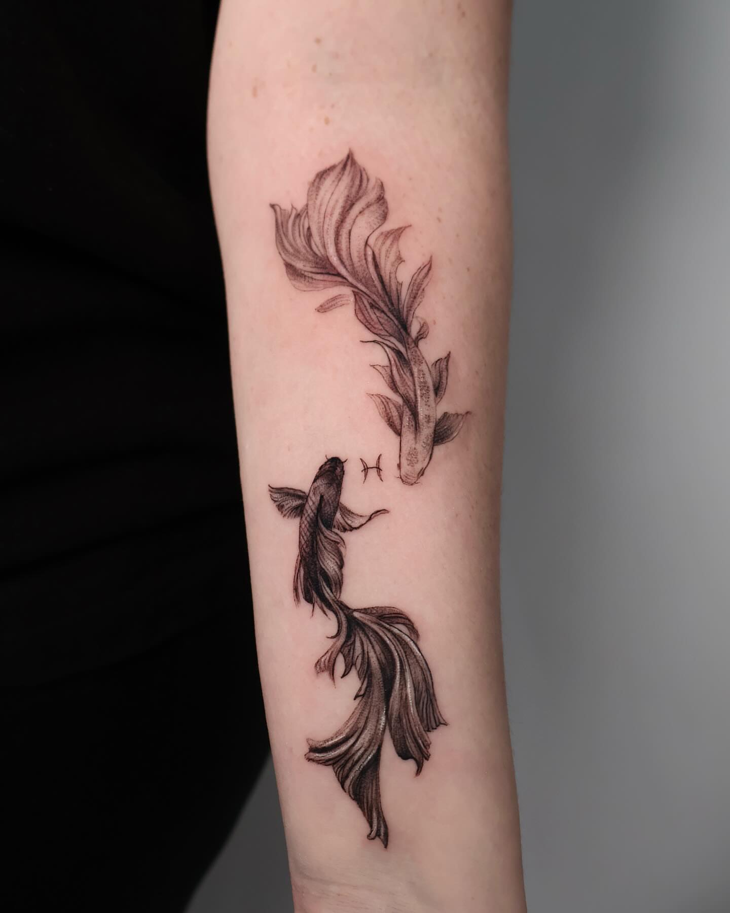 Koi fish black and grey tattoo on the forearm by Stephanie Pedraza