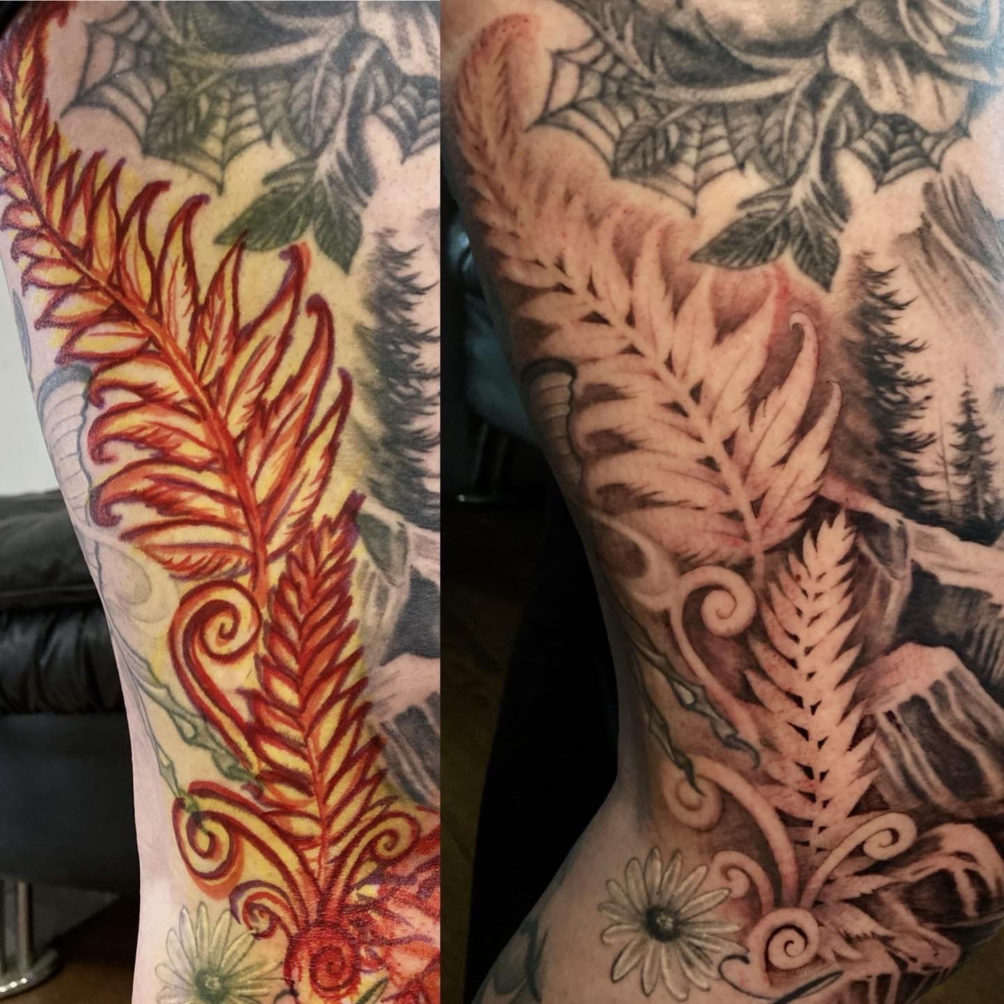 Fern leaves neo-traditional tattoo on the forearm by Jason Wheelwright