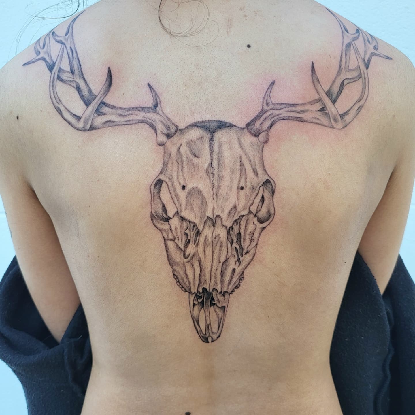Deer skull realism tattoo on the back by Jenna 🖤 Tattoos Denton TX