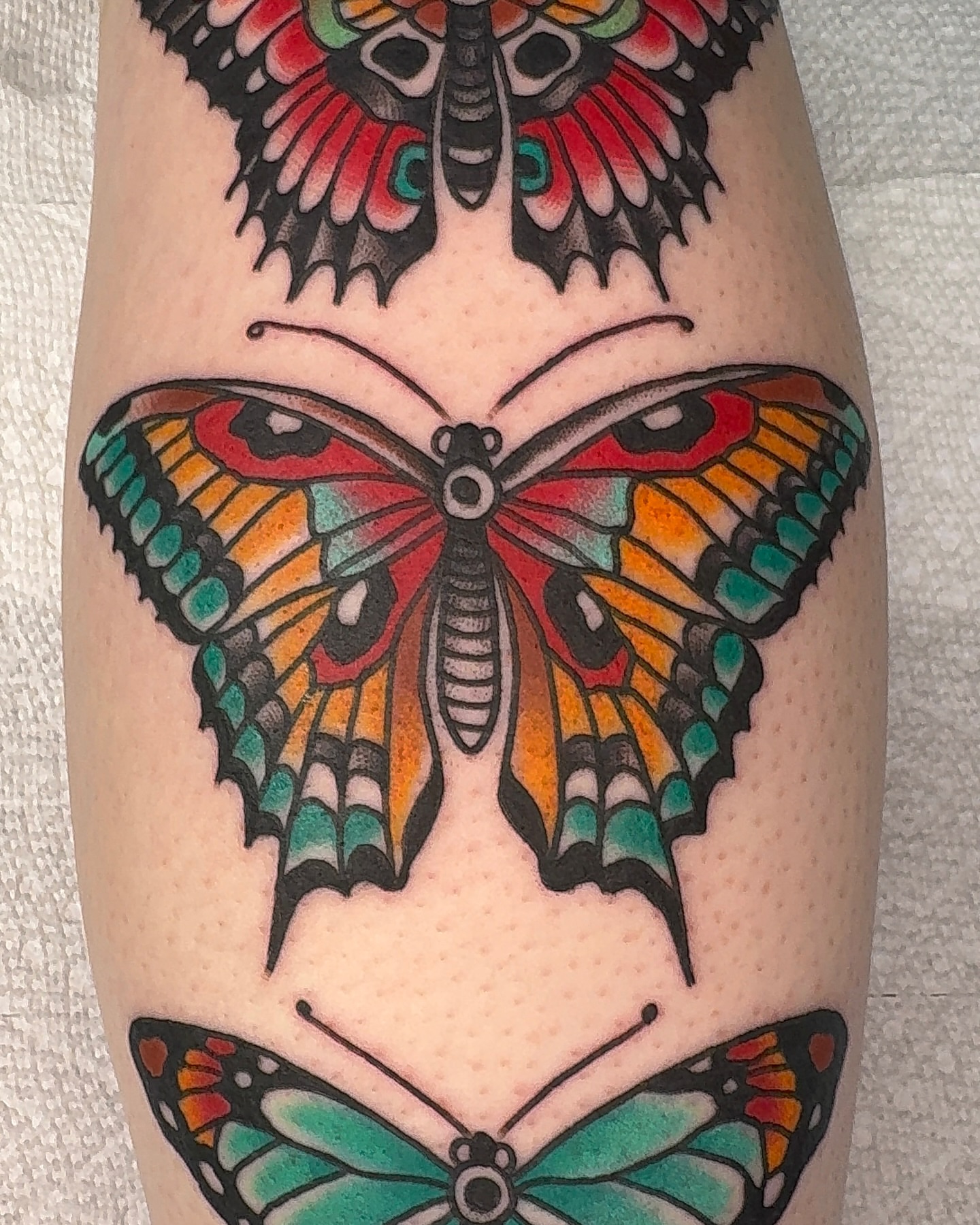 Butterfly American traditional tattoo on the forearm by Jeremy Hudson